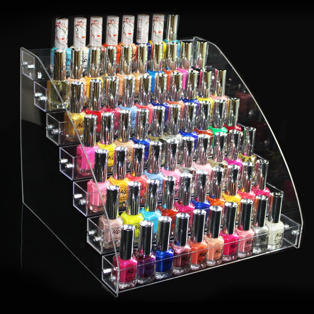 Acrylic Nail Polish Holder & Makeup Organizer - Clear 7-Tier Ladder Display Stand (31x31x25cm) for Salon, Home Vanity & Professional Makeup Artists