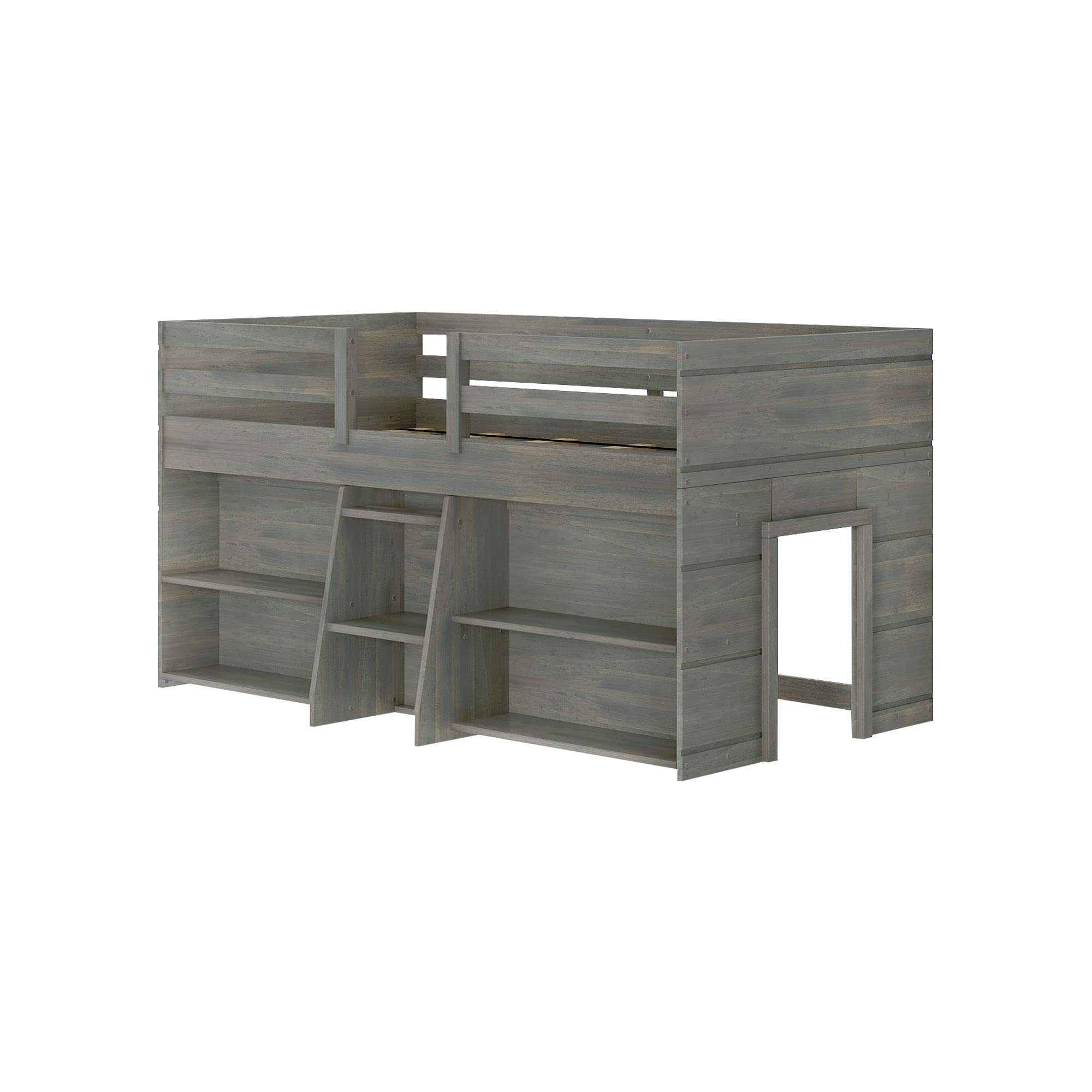 Modern Farmhouse Low Loft Twin Bed Frame for Kids with 2 Built-in Bookcases - Solid Wood Driftwood Finish - Space-Saving Study & Play Solution for Small Bedrooms