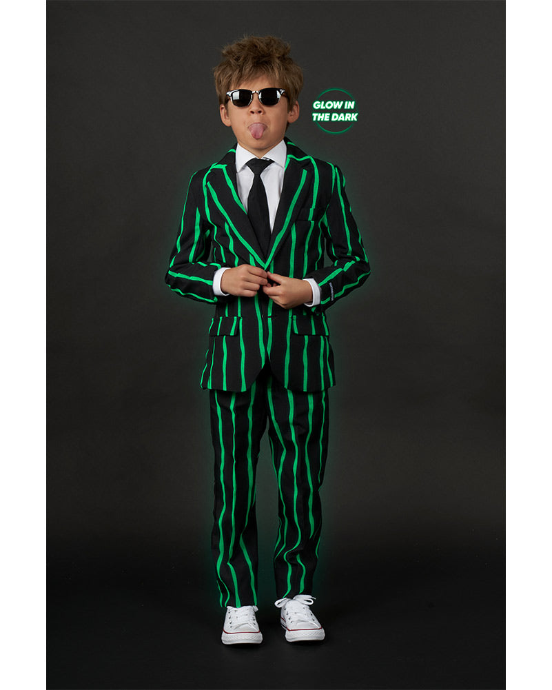 Glow in the Dark Pinstripe Boys Suit - Stylish 20s Costume for Kids Halloween Party & Cosplay Events
