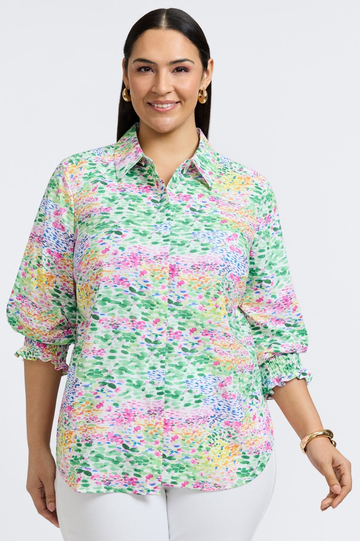 Olivia Plus Linen Impressionist Floral 3/4 Sleeve Blouse - Women's Vintage Style Top for Casual Outings & Spring Fashion