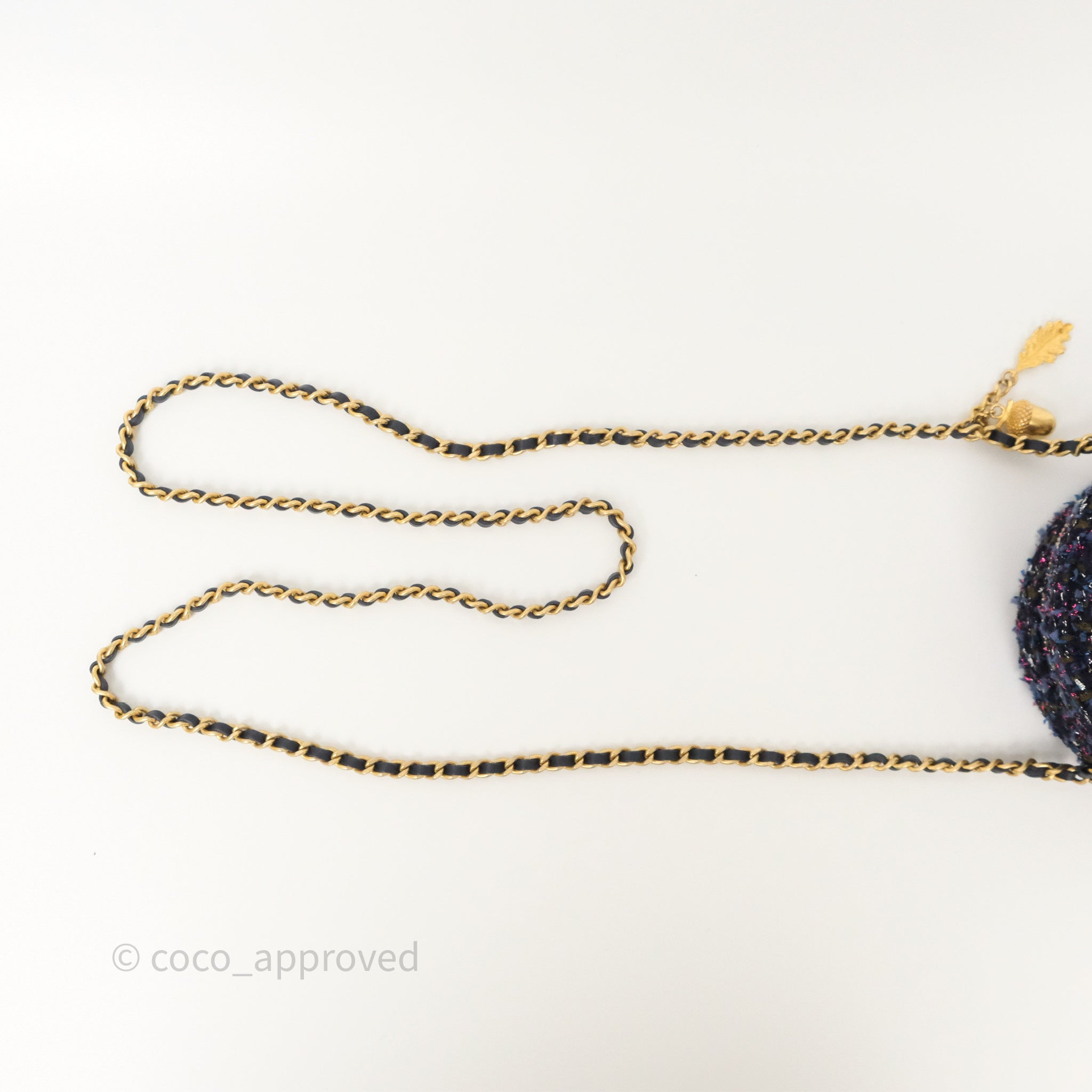 Chanel Navy Purple Tweed Round Clutch Bag with Chain & Aged Gold Hardware - Elegant Evening Clutch for Parties, Weddings & Special Events