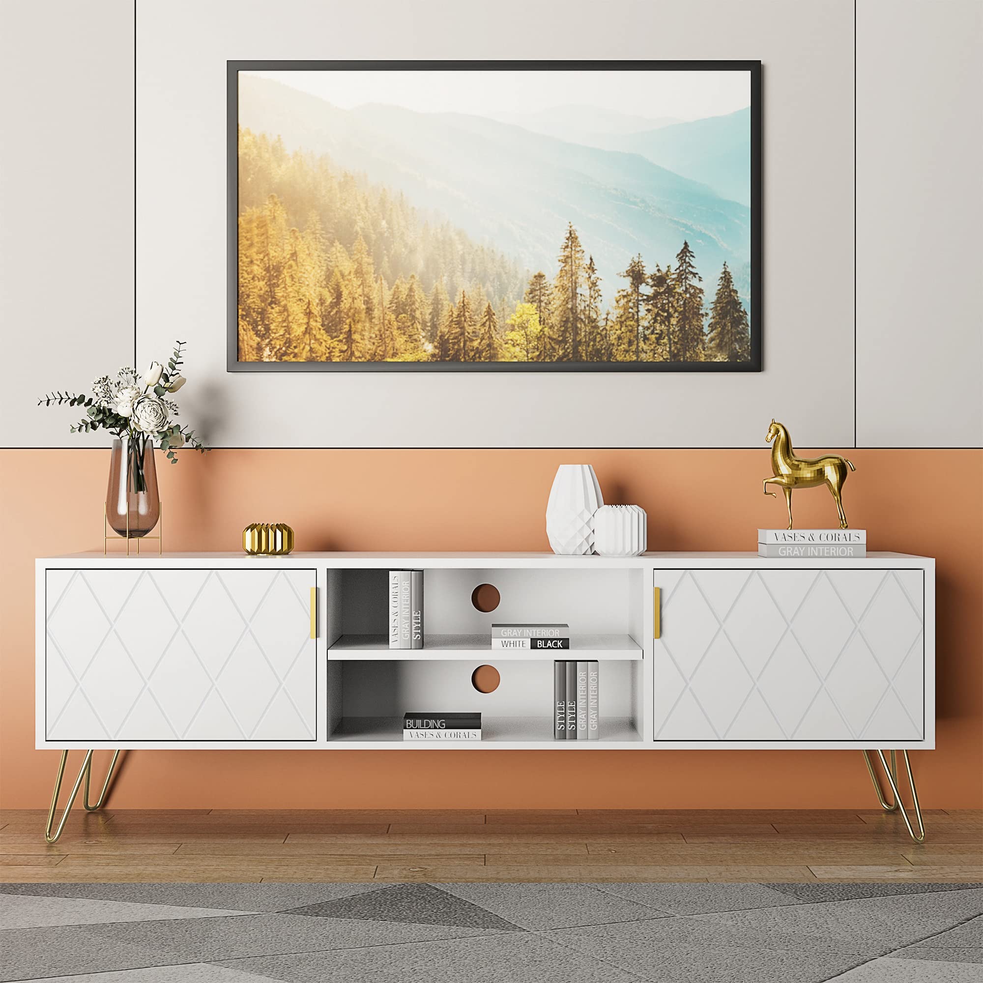 Anbuy White Wooden TV Stand for Bedroom & Living Room - 55 inch to 65 inch Entertainment Center with 2 Storage Cabinets & Shelves, Media Console Cabinet for Flat Screen TVs - Perfect for Home Theater Setup & Living Room Decor (White)