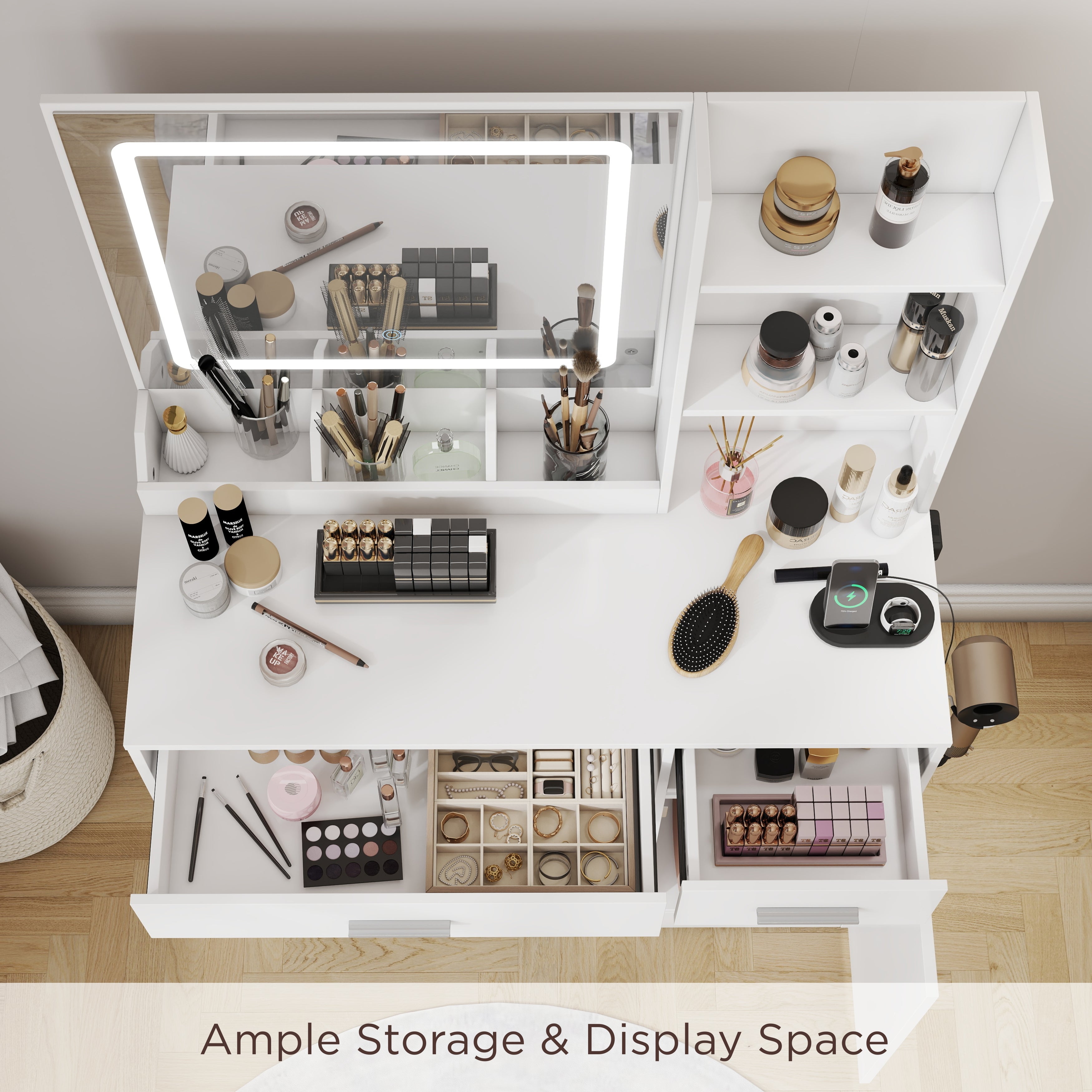 Roundhill Furniture Lavin Makeup Vanity Set with LED Light Mirror & Charging Station - White Vanity Desk & Stool for Bedroom, Dressing Room & Beauty Salon | Modern Makeup Table with Storage & USB Ports