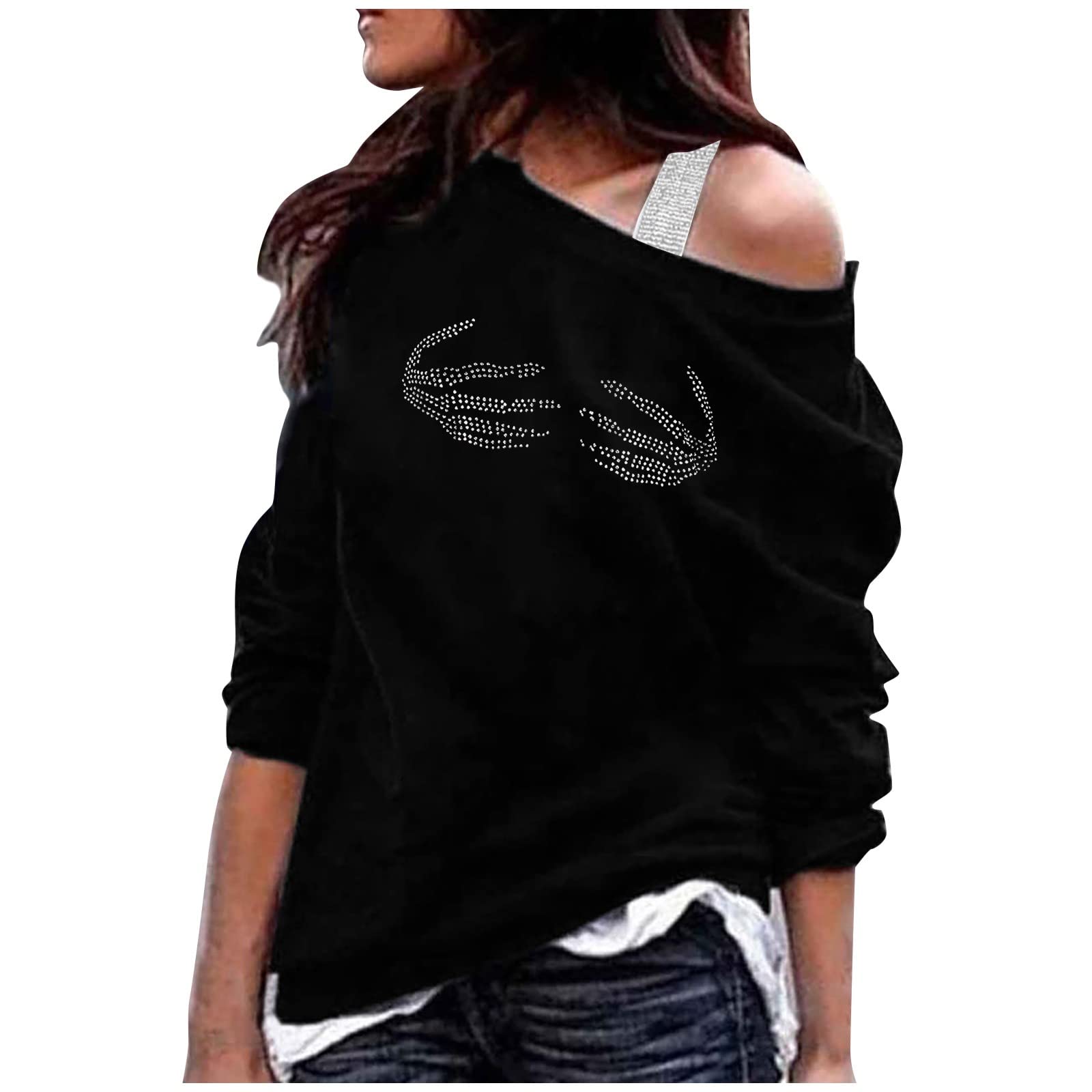 Women's Off-The-Shoulder Casual Shirt - Diamond Studded Hand Printed Long Sleeve Blouse for Yoga, Workout & Everyday Wear | Fashionable Exercise Top for Women