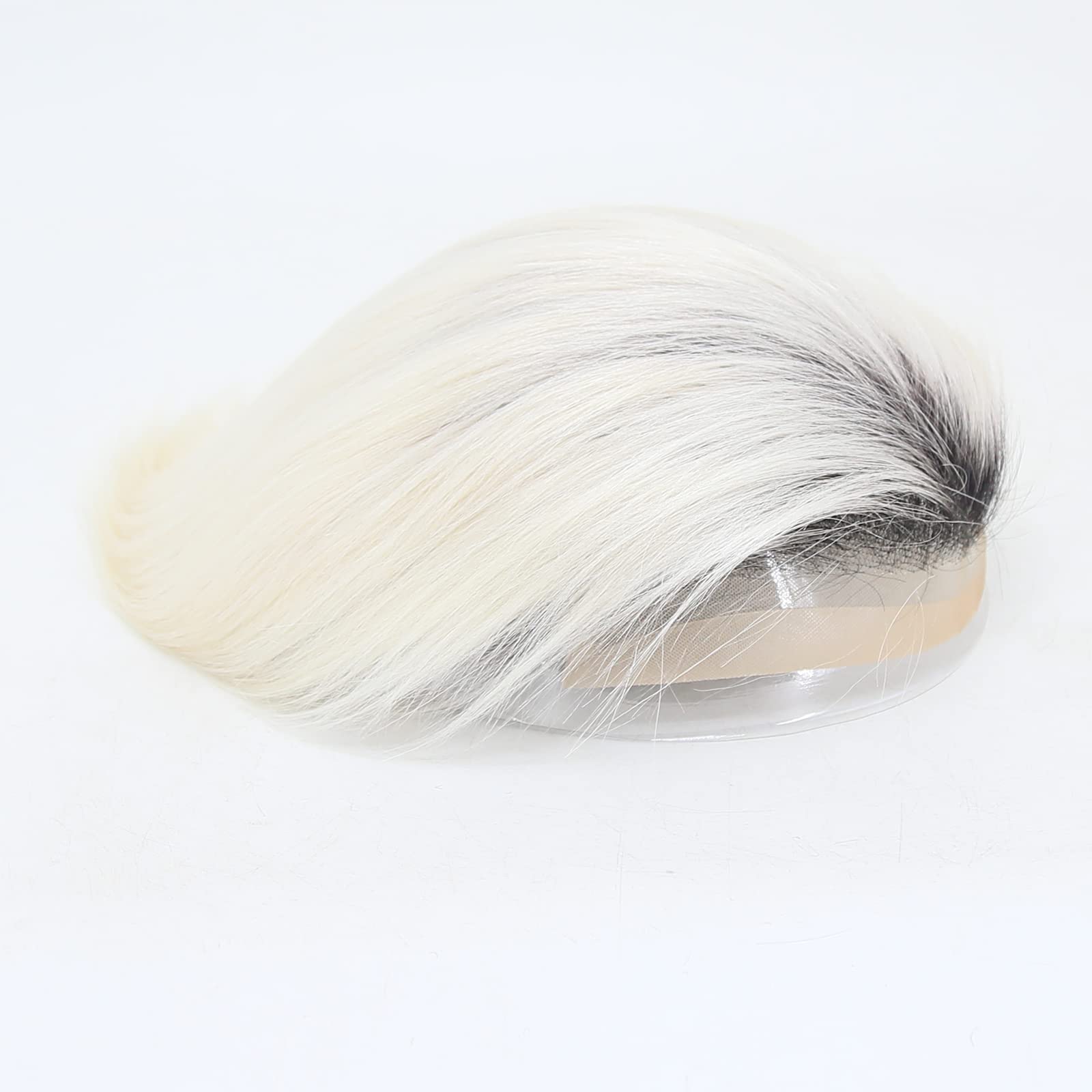 Premium 8x10 Inch Human Hair Toupee for Men - Black Roots Ombre Platinum Blonde #60 | Lace Front Hairpiece with Soft Thin Skin & PU Base | Natural Looking Hair Replacement System for Daily Wear & Special Occasions