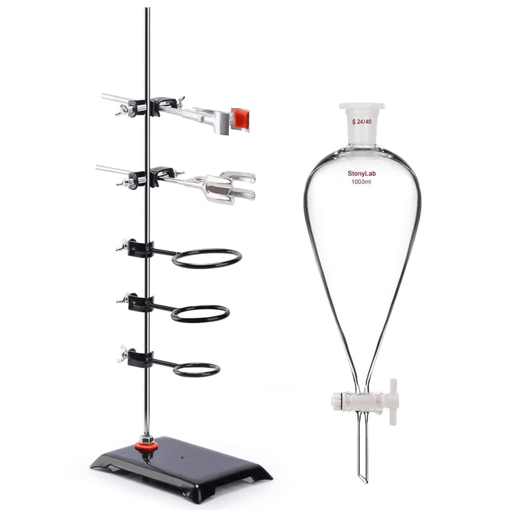 Stonylab 1L Separatory Funnel with PTFE Stopcock & Lab Stand Set - 24/40 Joints, Durable Steel Support for Chemistry Experiments | Perfect for Liquid Extraction, Distillation & Scientific Research in Laboratories