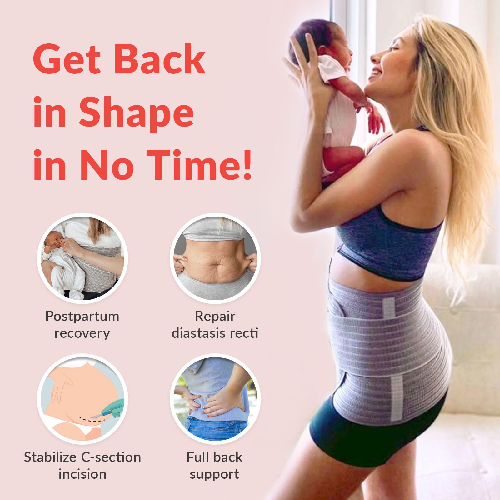 Mamaway Postpartum Belly Band - Adjustable C-Section Belly Binder & Abdominal Support Girdle for Postnatal Recovery, Back Pain Relief - Made with Bamboo Charcoal Fiber (Perfect for Postpartum Healing, C-Section Recovery & Daily Comfort)