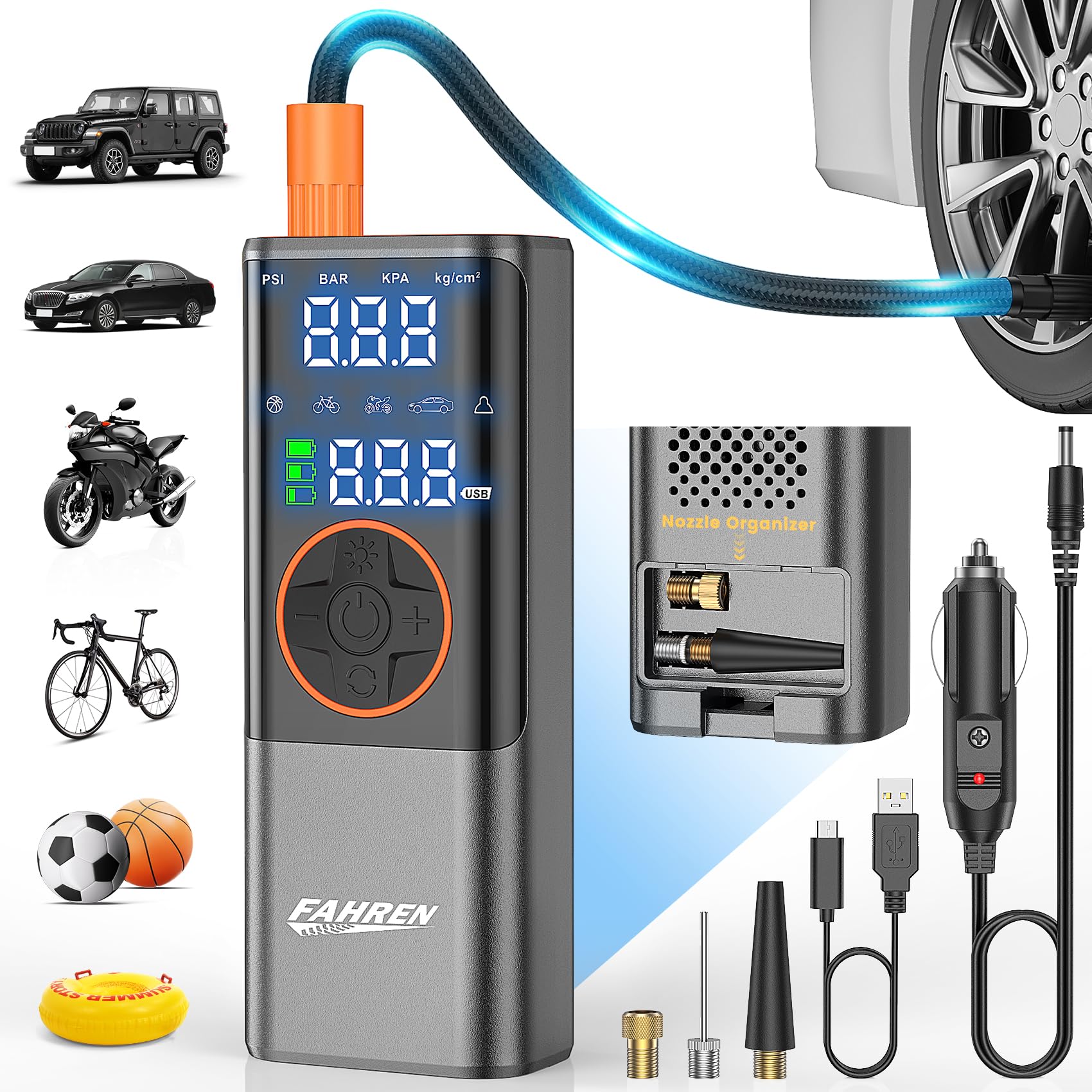 FAHREN 150PSI Cordless Portable Tire Inflator - Rechargeable Digital Air Compressor Pump with Pressure Gauge for Car, Motorcycle, E-Bike, Bike, Sports Balls - Perfect for Road Trips, Camping & Emergency Tire Inflation