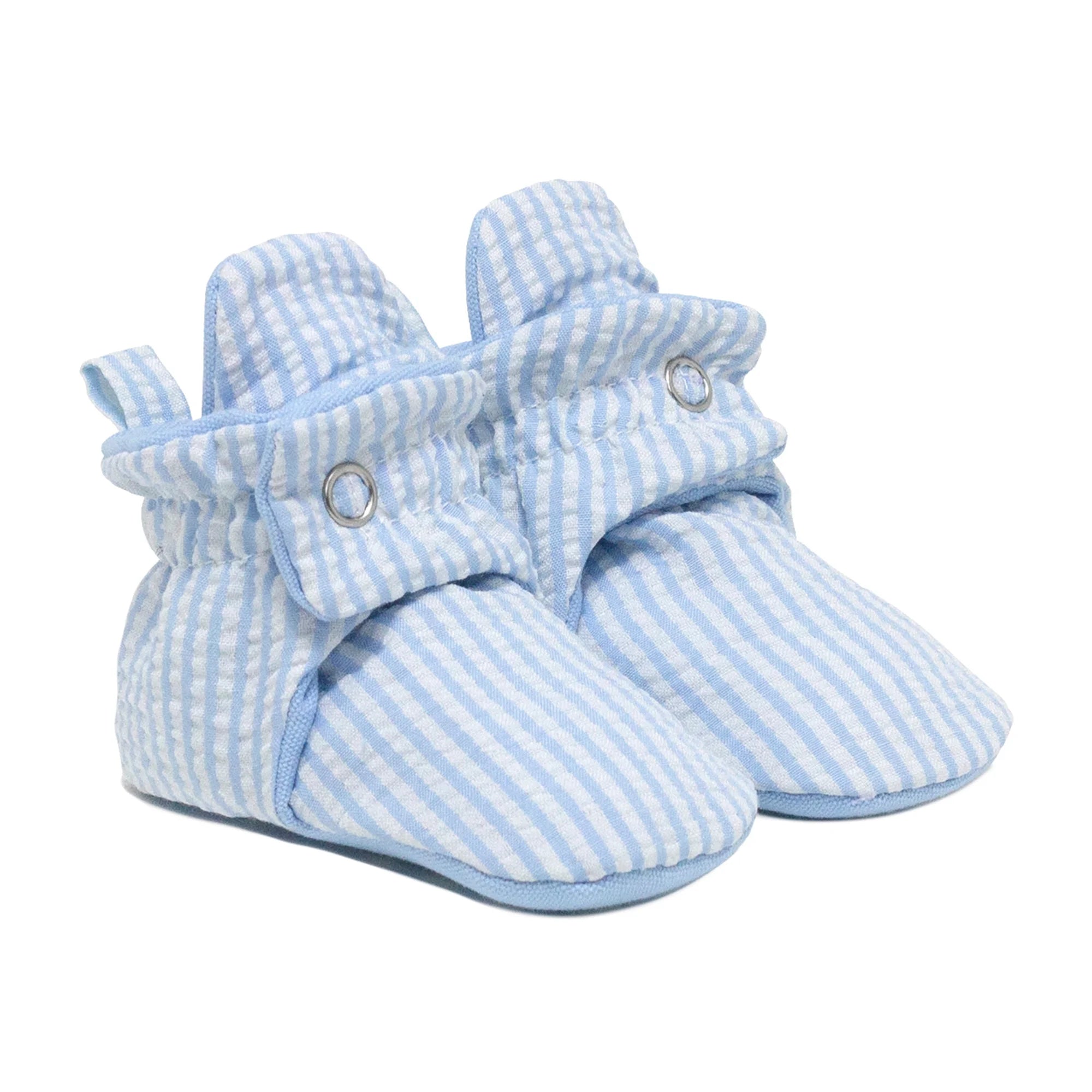 Robeez Baby Boys' Blue Seersucker Snap Booties - Soft Sole Shoes for Infants & Toddlers - Perfect for First Walkers, Playtime & Special Occasions