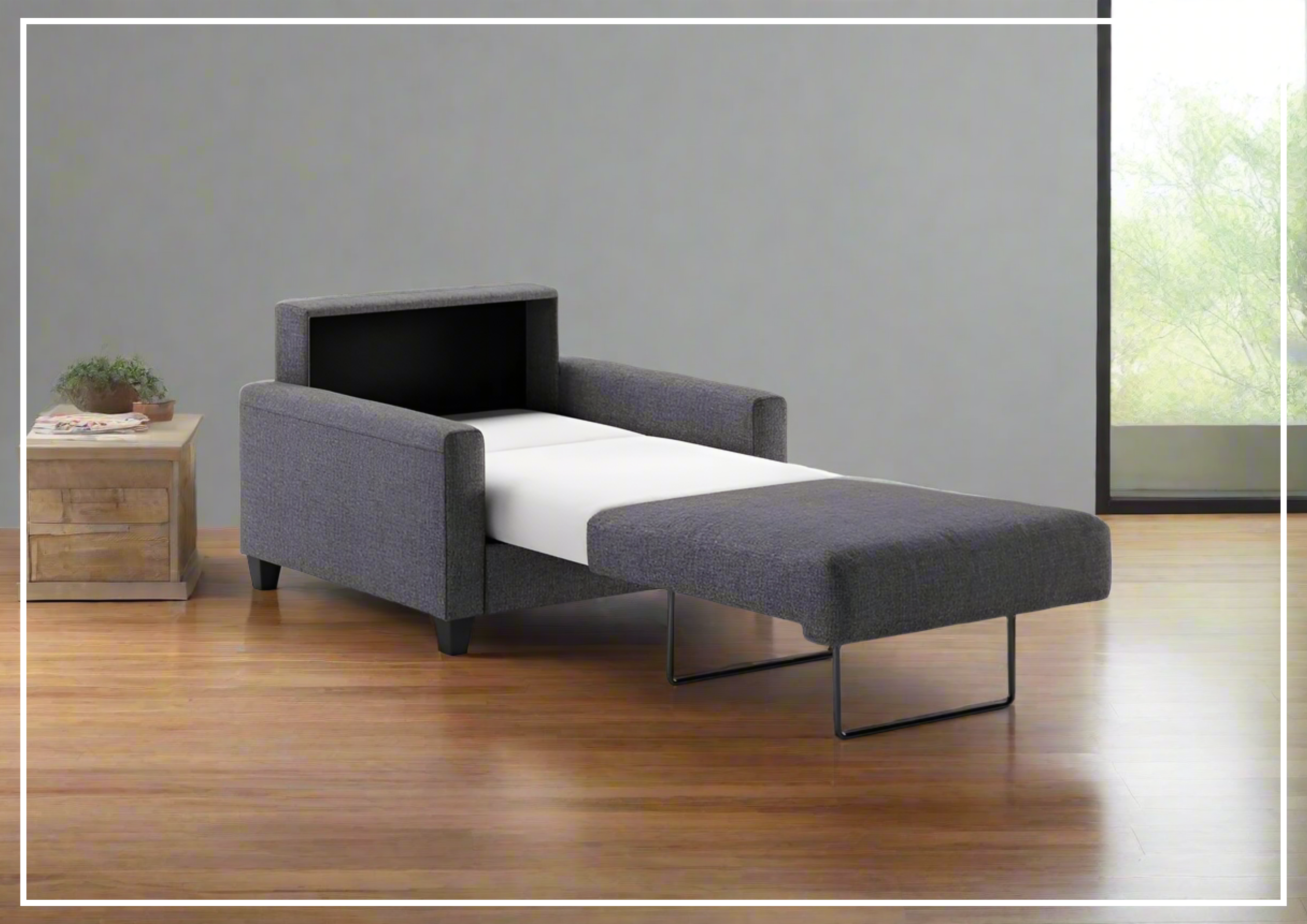 Luonto Nico Fabric Sleeper Chair Sofa with Nest Mechanism - Convertible Bed & Lounge Chair with Walnut or Chrome Legs - Perfect for Small Spaces, Guest Rooms & Apartments