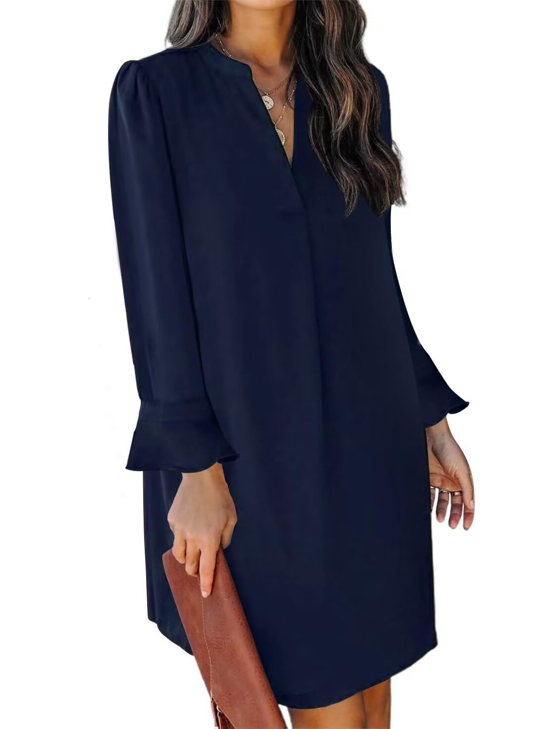 QACOHU Women's V-Neck Ruffle Long Sleeve Shift Dress - Casual Loose Flowy Dress for Spring Summer Autumn Winter 2025 | Perfect for Office, Date Night & Special Occasions