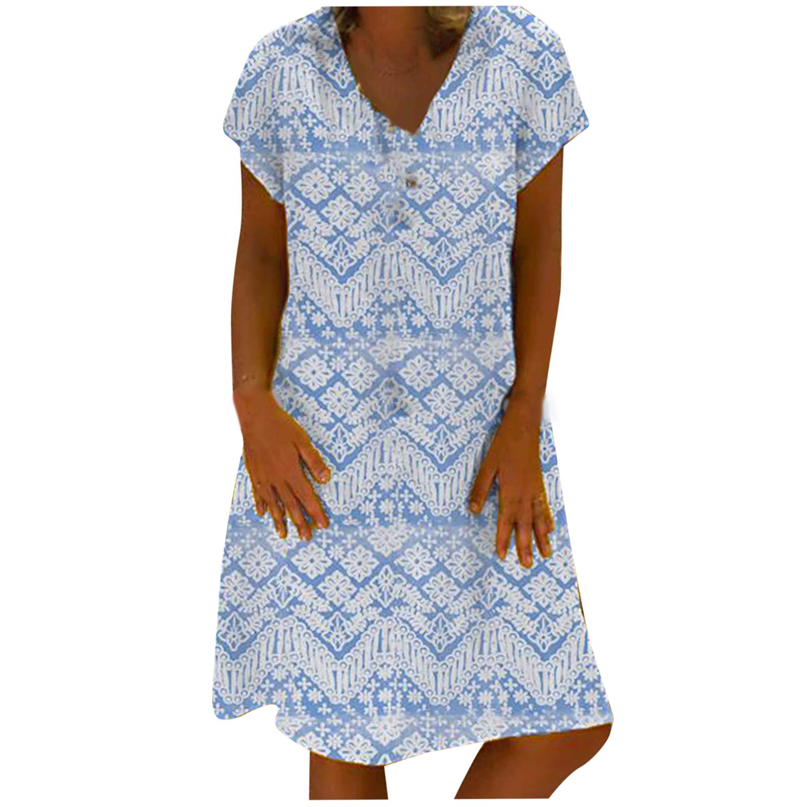 Women's Loose Print Short-Sleeve V-Neck Pullover Dress - Floral Bohemian Summer & Spring Casual Dress for Beach, Vacation, and Everyday Wear