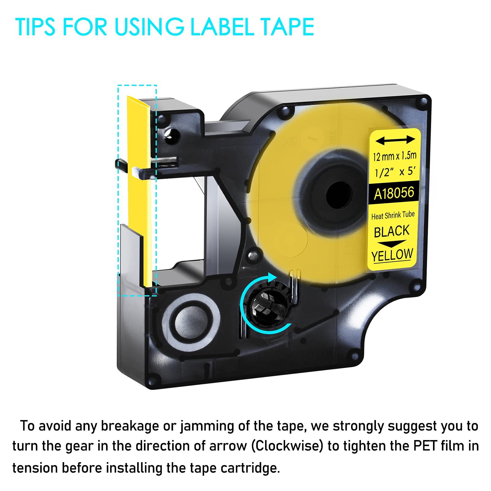 GREENCYCLE Compatible Dymo 18056 Heat Shrink Tube Label Tape - 1/2 Inch (12mm) x 5ft (1.5m) - Works with DYMO Rhino 5200, 4200, 3000, 5000, 6000 Label Makers - Black on Yellow (50 Pack) - Ideal for Industrial Labeling, Cable Marking & Equipment Identification