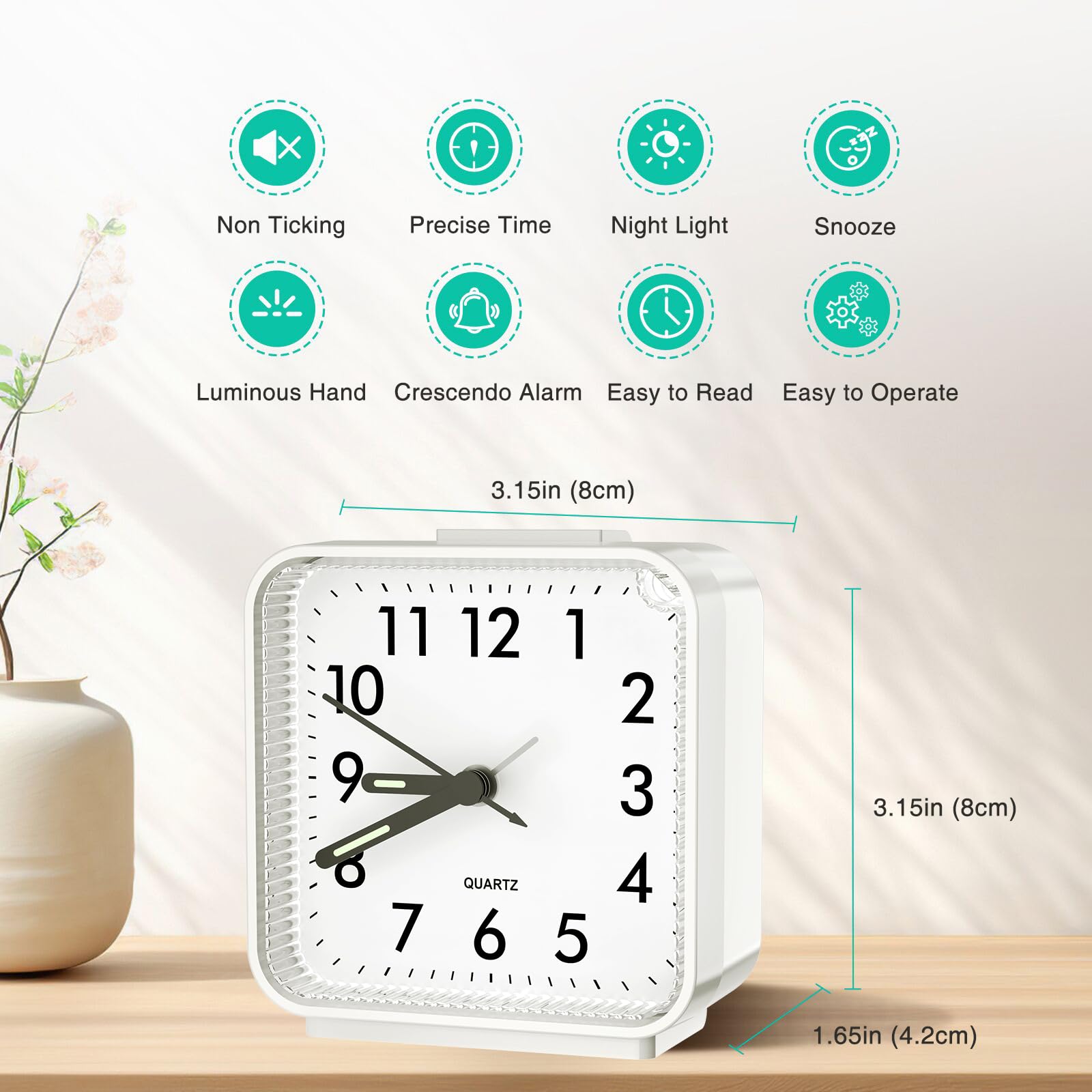 ORIA Silent Alarm Clock with Large Luminous Display - Battery Operated Bedside Clock with Snooze & Night Light - Gentle Wake-Up for Elderly & Light Sleepers (1AA Battery Not Included, Beige) - Perfect for Bedrooms, Nightstands & Travel