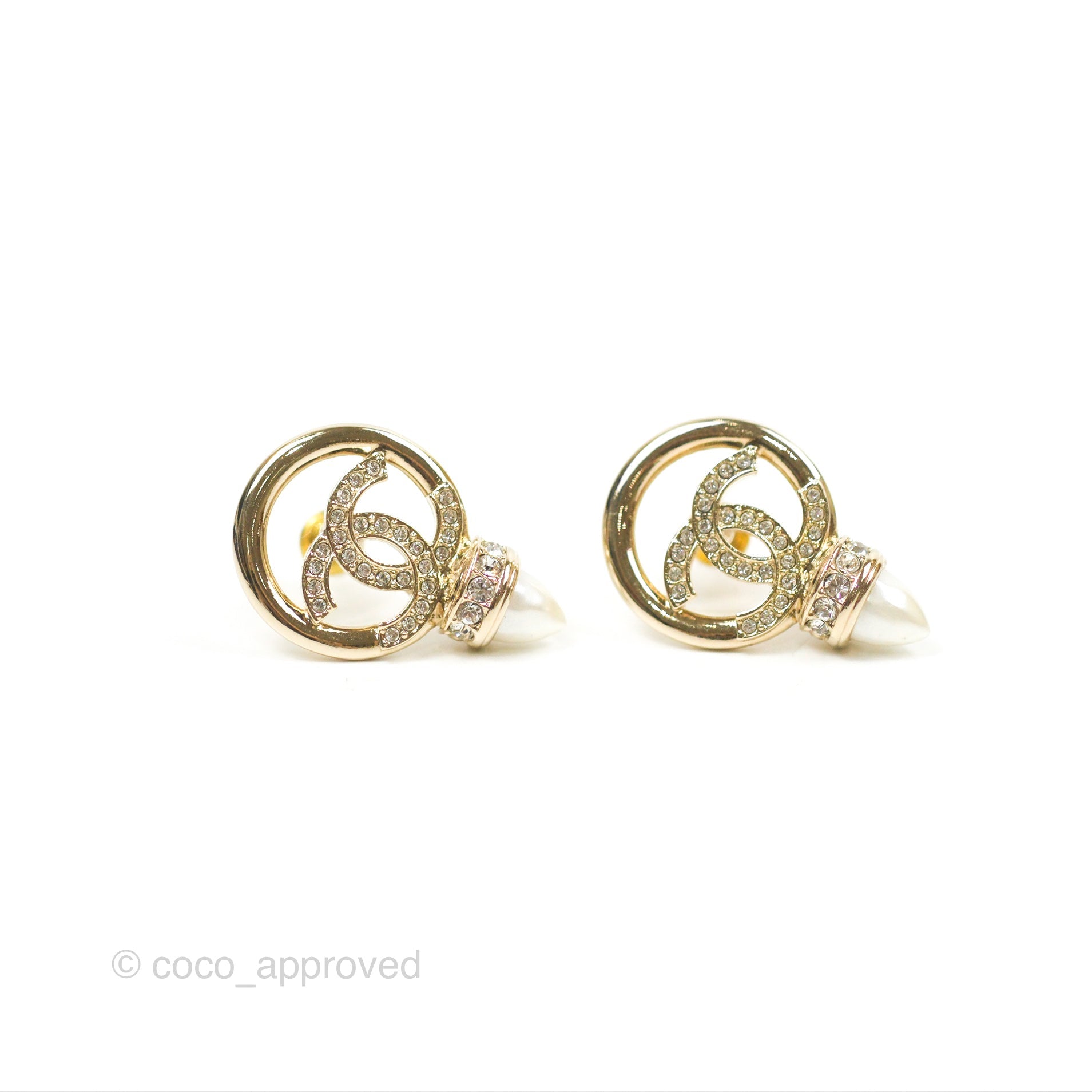 Chanel CC Crystal Pearl Earrings in Gold Tone - Luxury Fashion Jewelry for Women | Perfect for Parties, Weddings & Special Occasions