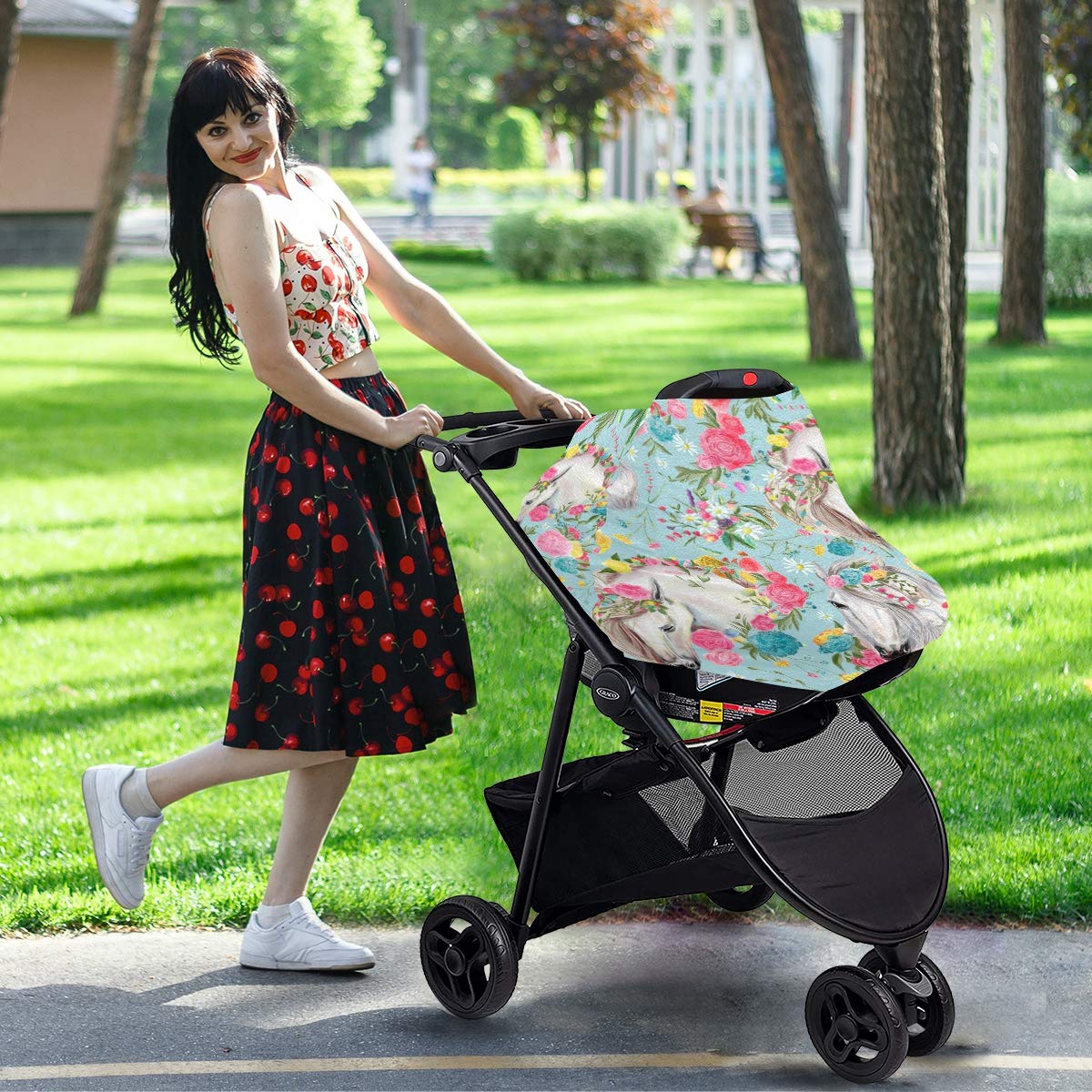 Horse & Flower Baby Car Seat Cover - Soft, Breathable & Stretchy Nursing Cover for Breastfeeding - Universal Stroller Cover for Boys & Girls - Perfect for Travel, Shopping & Outdoor Activities