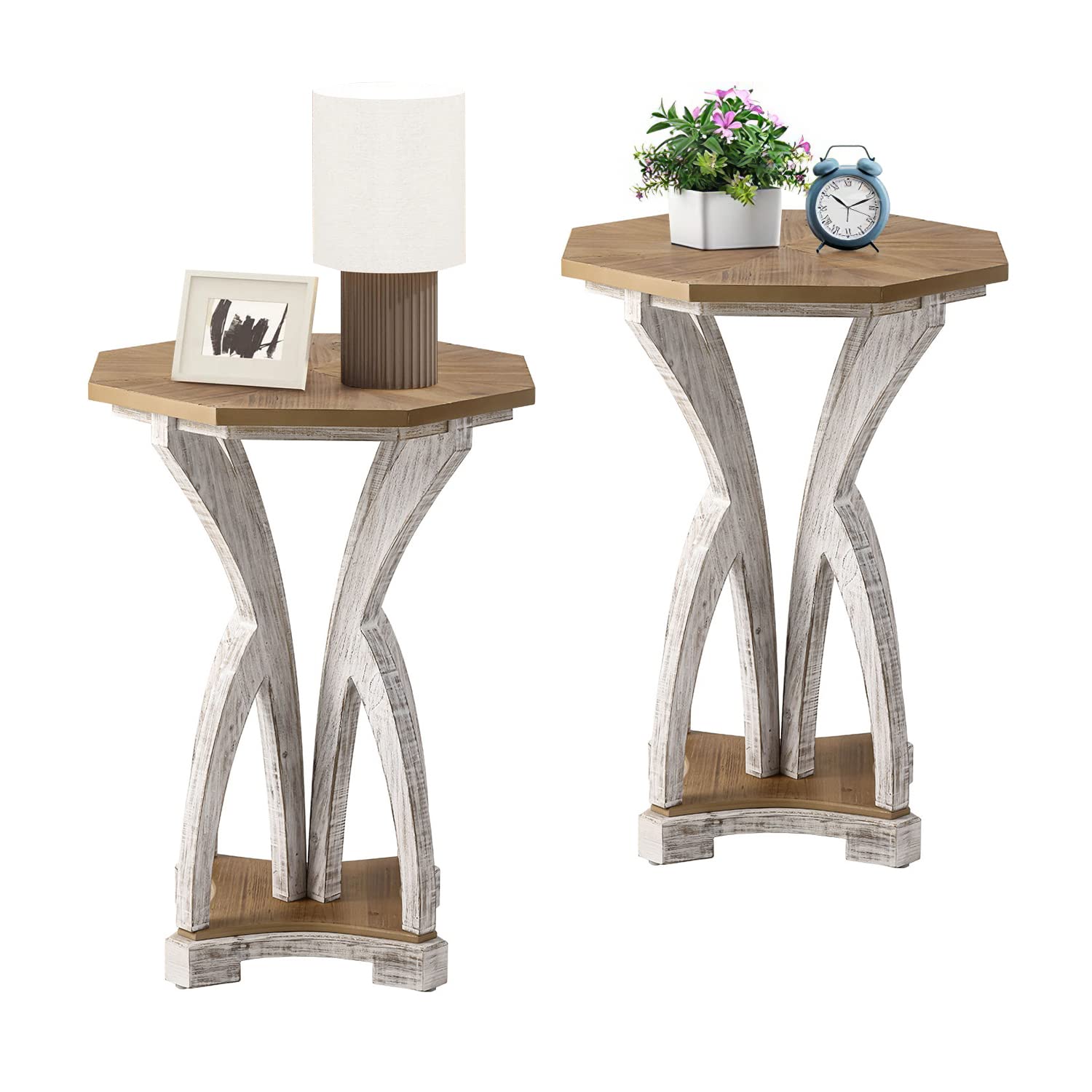 Rustic Octagonal Wood End Table Set of 2 - Farmhouse Side Tables with Curved Pedestal Legs & Distressed Whitewash Finish for Living Room, Bedroom, Office | Perfect for Coffee Table Decor, Reading Nook, or Entryway Furniture