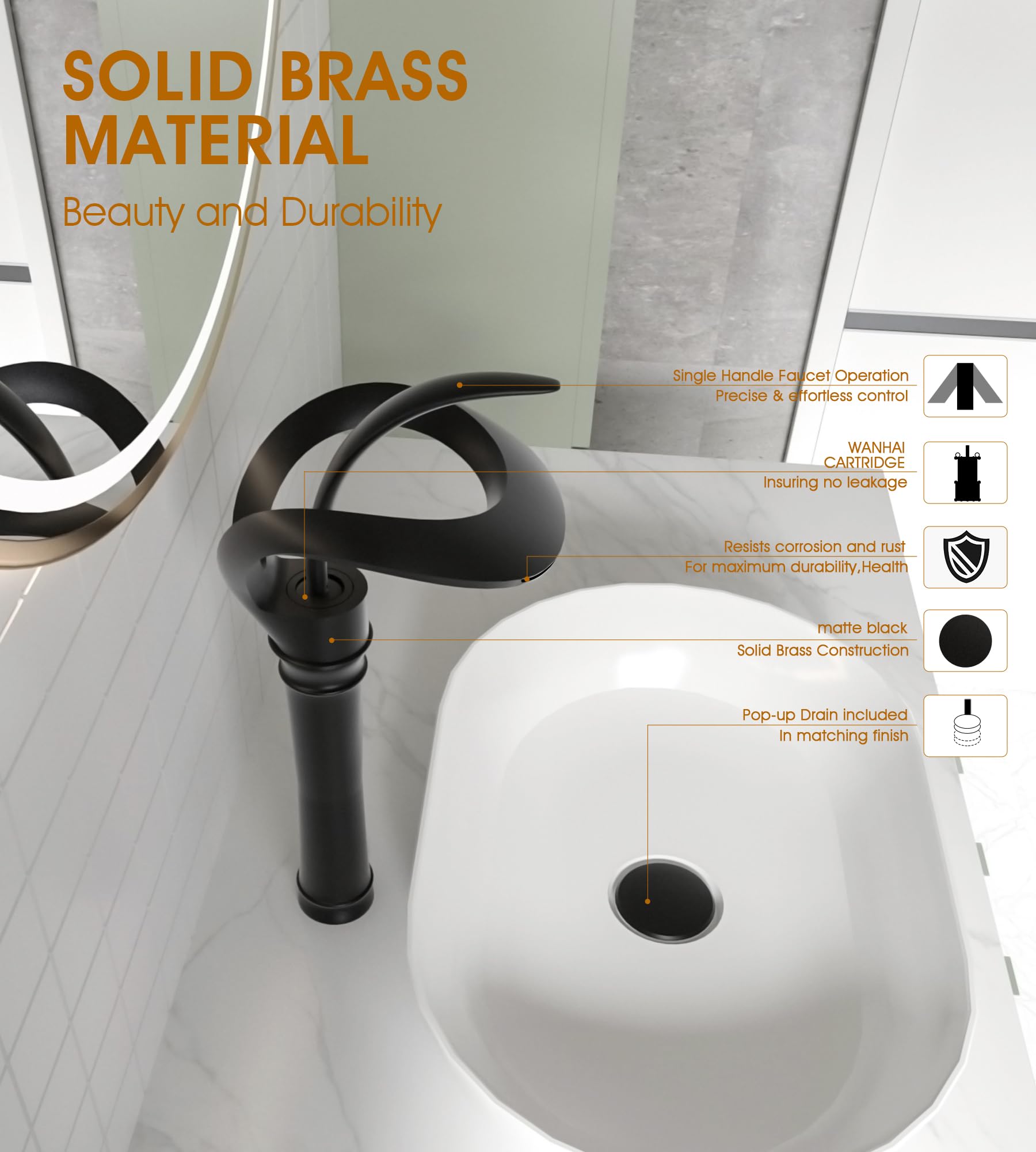 AUU Matte Black Waterfall Single Hole Bathroom Sink Faucet - Solid Brass Tall Vessel Faucet with Pop-Up Drain & Supply Line - Perfect for Modern Vanities & Luxury Bathroom Renovations (Black, Tall)