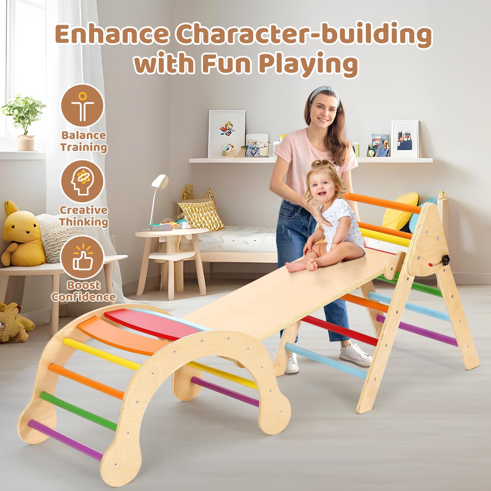 YOLEO 7-in-1 Foldable Pikler Triangle Set - Large Montessori Wooden Climbing Toys for Toddlers Ages 1-3 | Indoor Playground & Jungle Gym Playset with Rainbow Arch | Perfect for Home Playrooms, Daycares & Montessori Classrooms