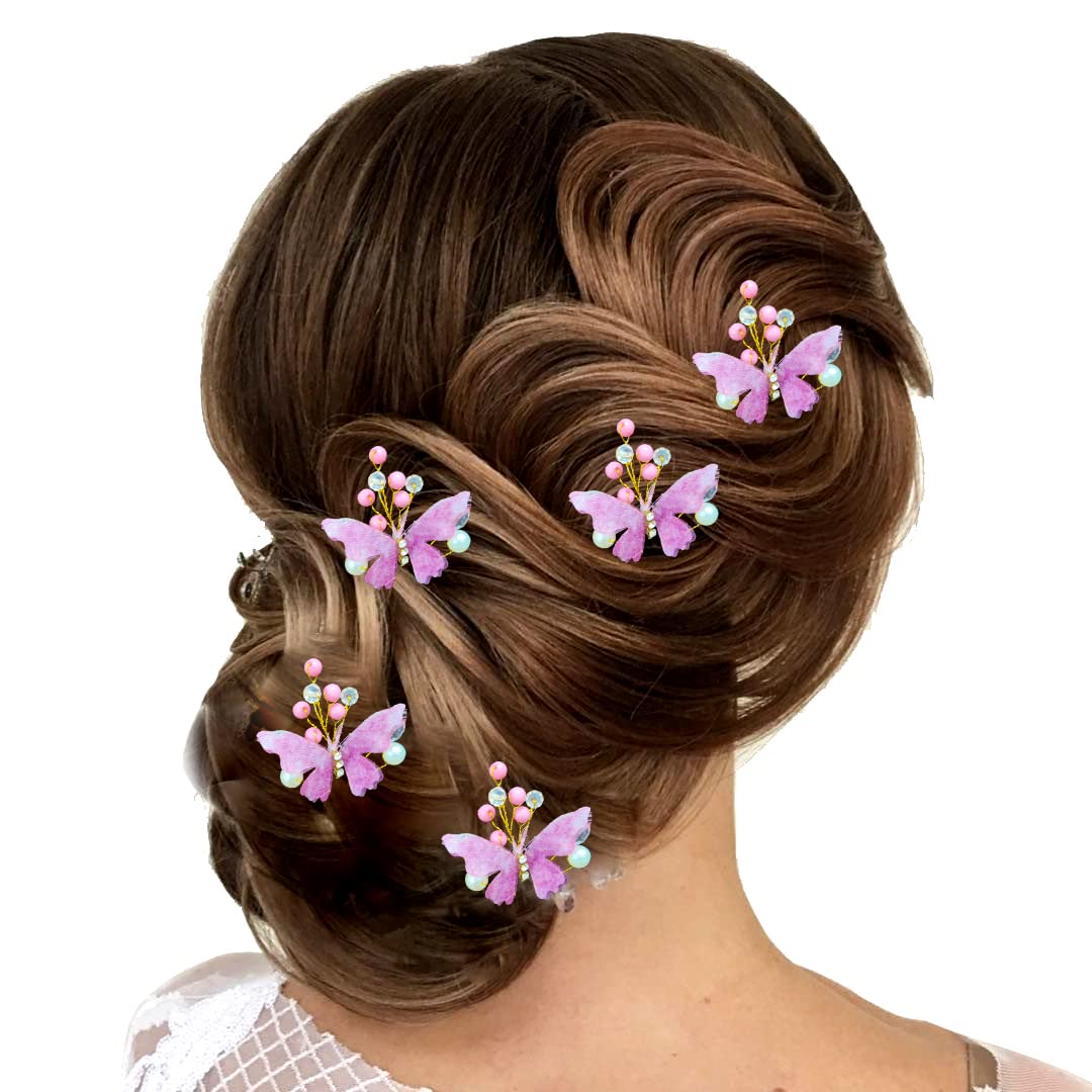 Shiny Pearl Butterfly Hair Pin - Elegant Bridal Wedding Hair Accessories for Women & Girls (Pack of 5, Baby Pink) - Perfect for Weddings, Prom, Parties & Special Occasions