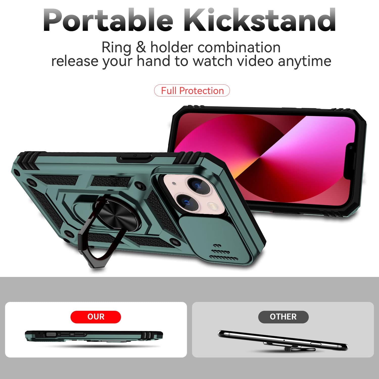 Hitaoyou iPhone 13 Case with Camera Cover & Kickstand - Military Grade Shockproof Heavy Duty Protective Magnetic Phone Cover for iPhone 13 (Green) - Perfect for Outdoor Activities, Travel and Daily Protection