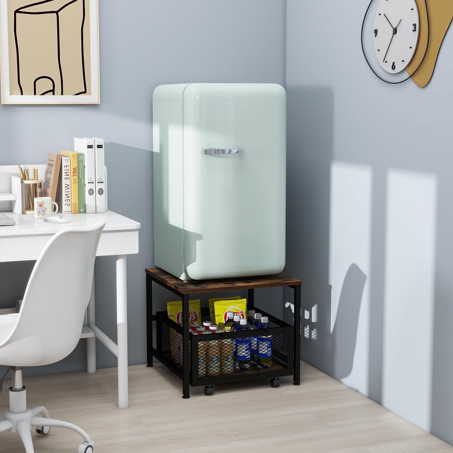 Mini Fridge Stand with Storage - Rolling Cabinet Cart with Wheels, Heavy Duty Refrigerator Table Shelf for Dorm, Home & Office | Perfect for Small Spaces, Bedrooms & Retro Decor