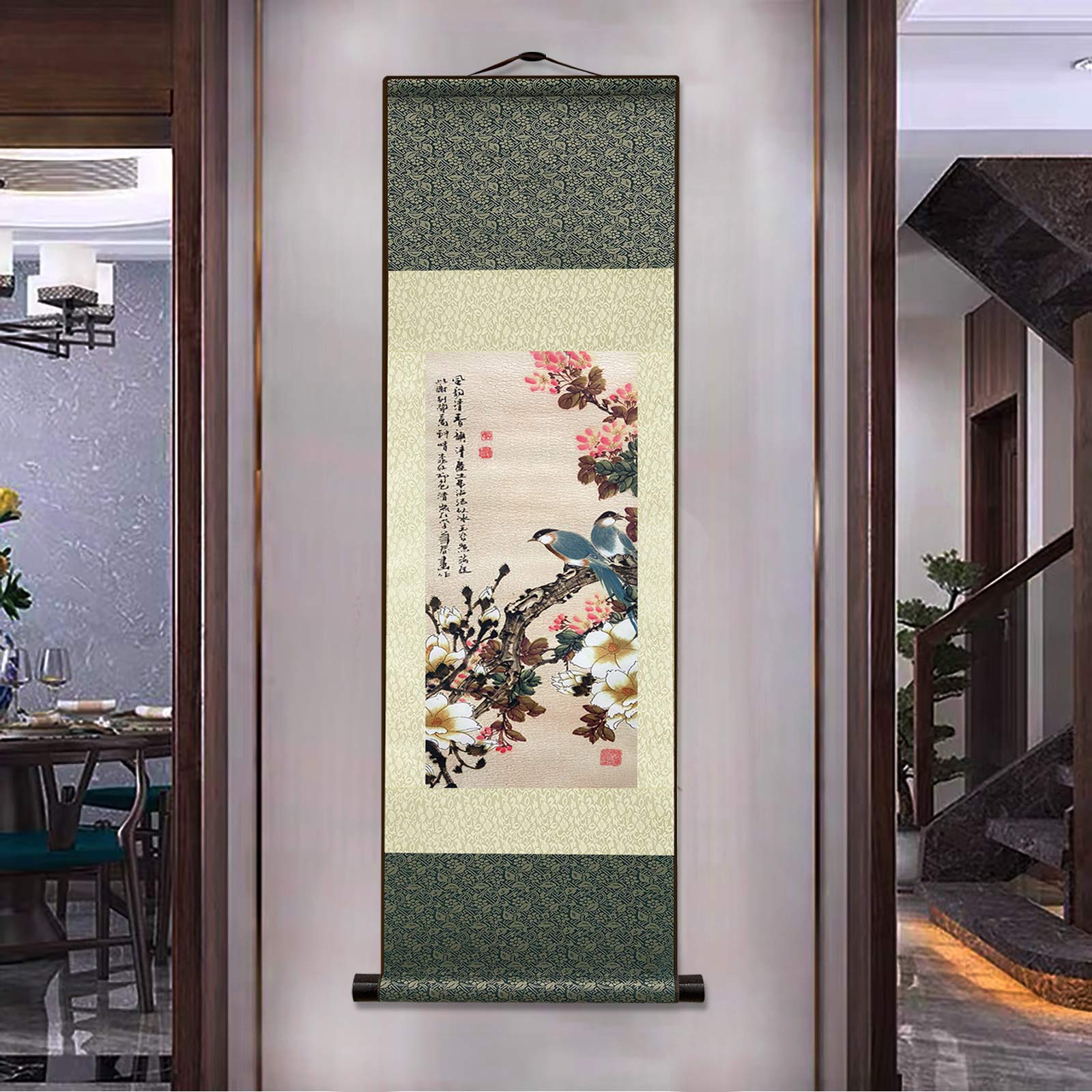 ATFArt Asian Wall Decor - Exquisite Silk Scroll Painting of Flowers and Birds, Oriental Chinese Art Wall Hanging (36.2 x 12 Inch) - Perfect for Living Room, Bedroom, Office & Meditation Space Decor