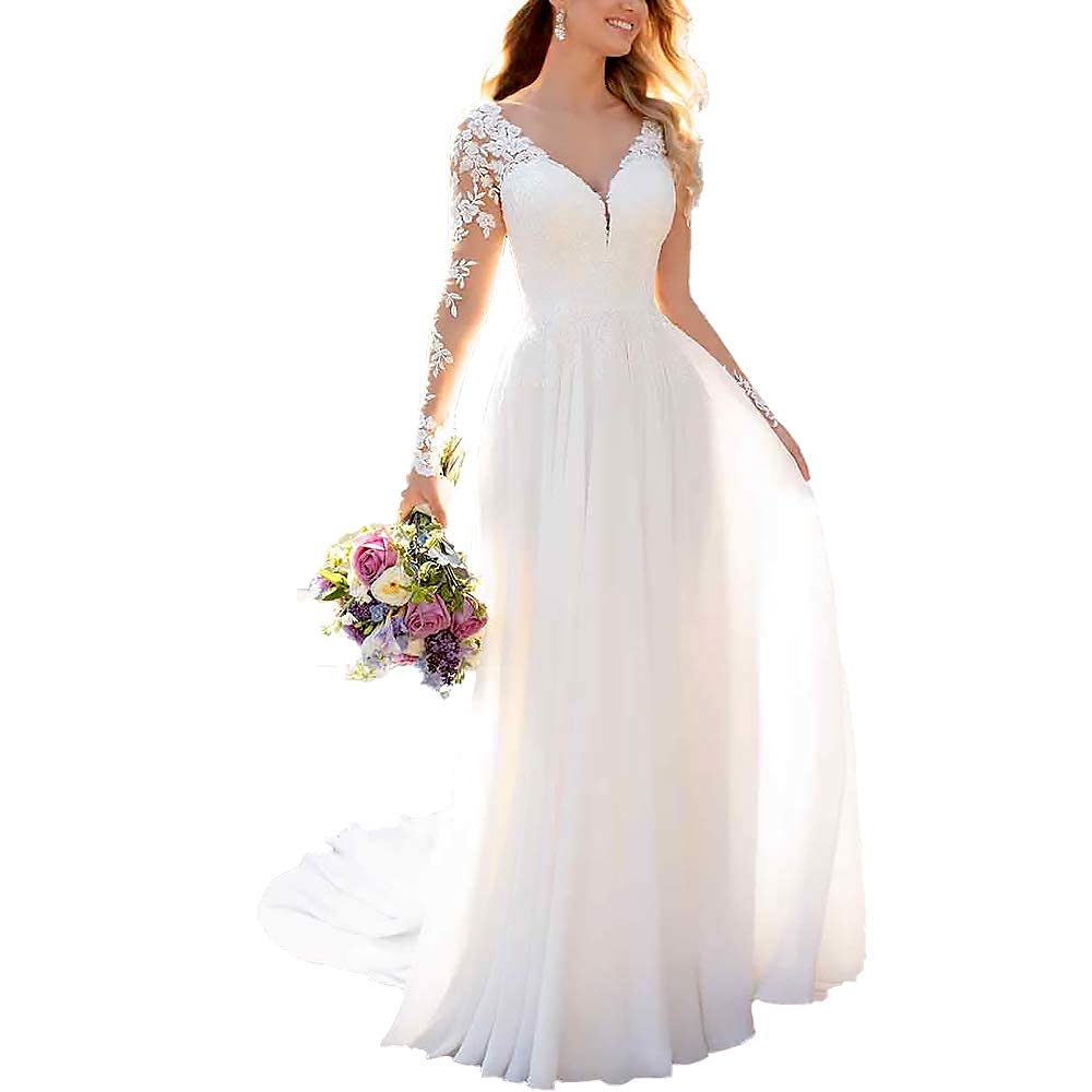 Elegant V-Neck Lace Wedding Dress for Bride 2021 - Mermaid Beach Wedding Gown with Long Sleeves | Perfect for Beach Ceremonies, Destination Weddings & Romantic Photos