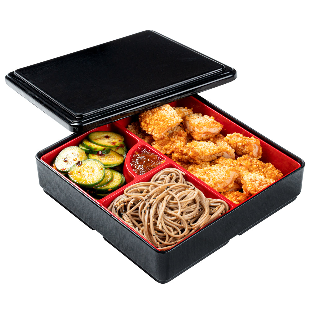 Japanese Style Bento Box - Square Black & Red 4-Compartment Lunch Box (8.25