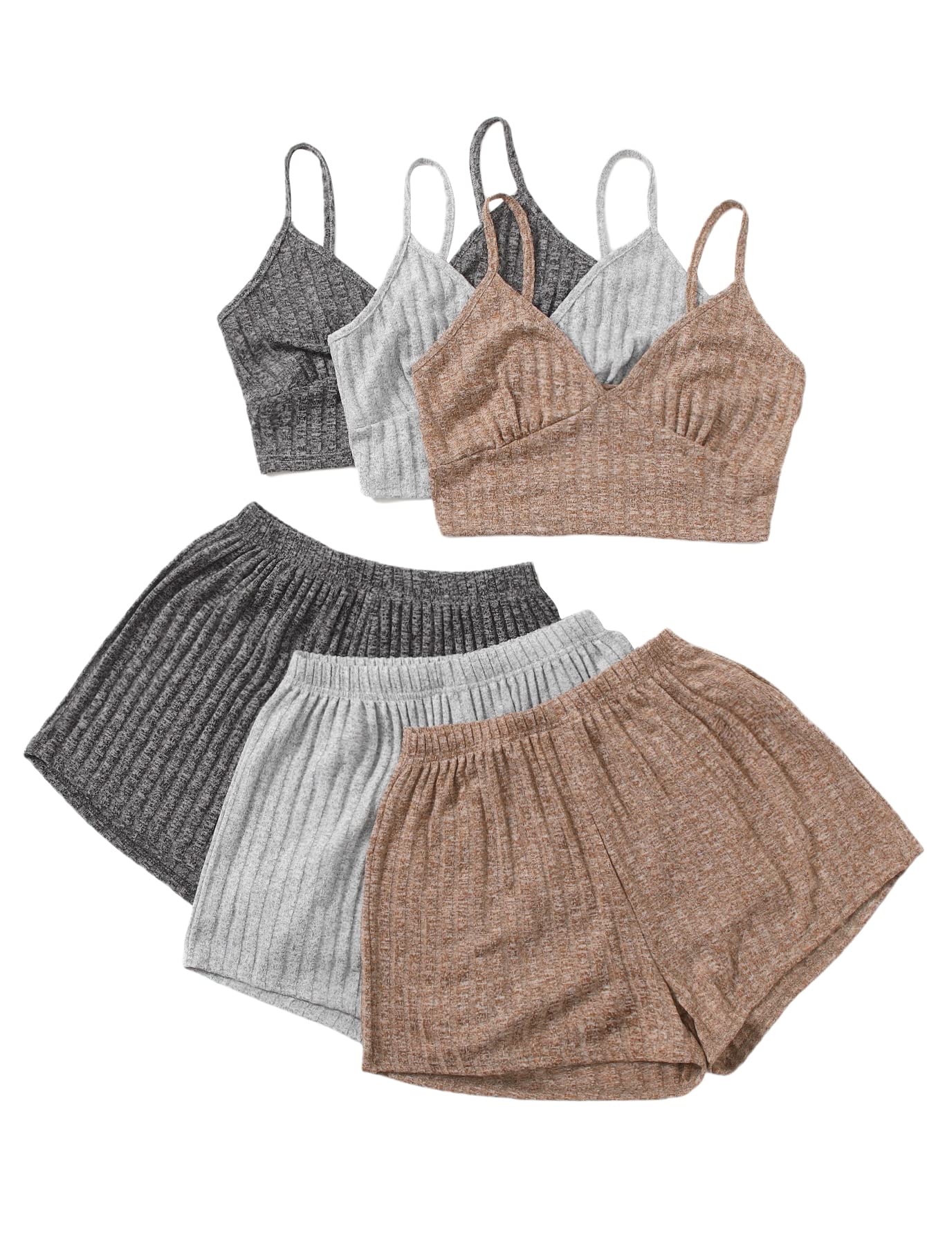 Milumia Women's 3-Piece Pajama Set - Rib Knit Sleeveless Crop Cami Top & Shorts Lounge Wear for Sleepwear, Loungewear & Summer Comfort