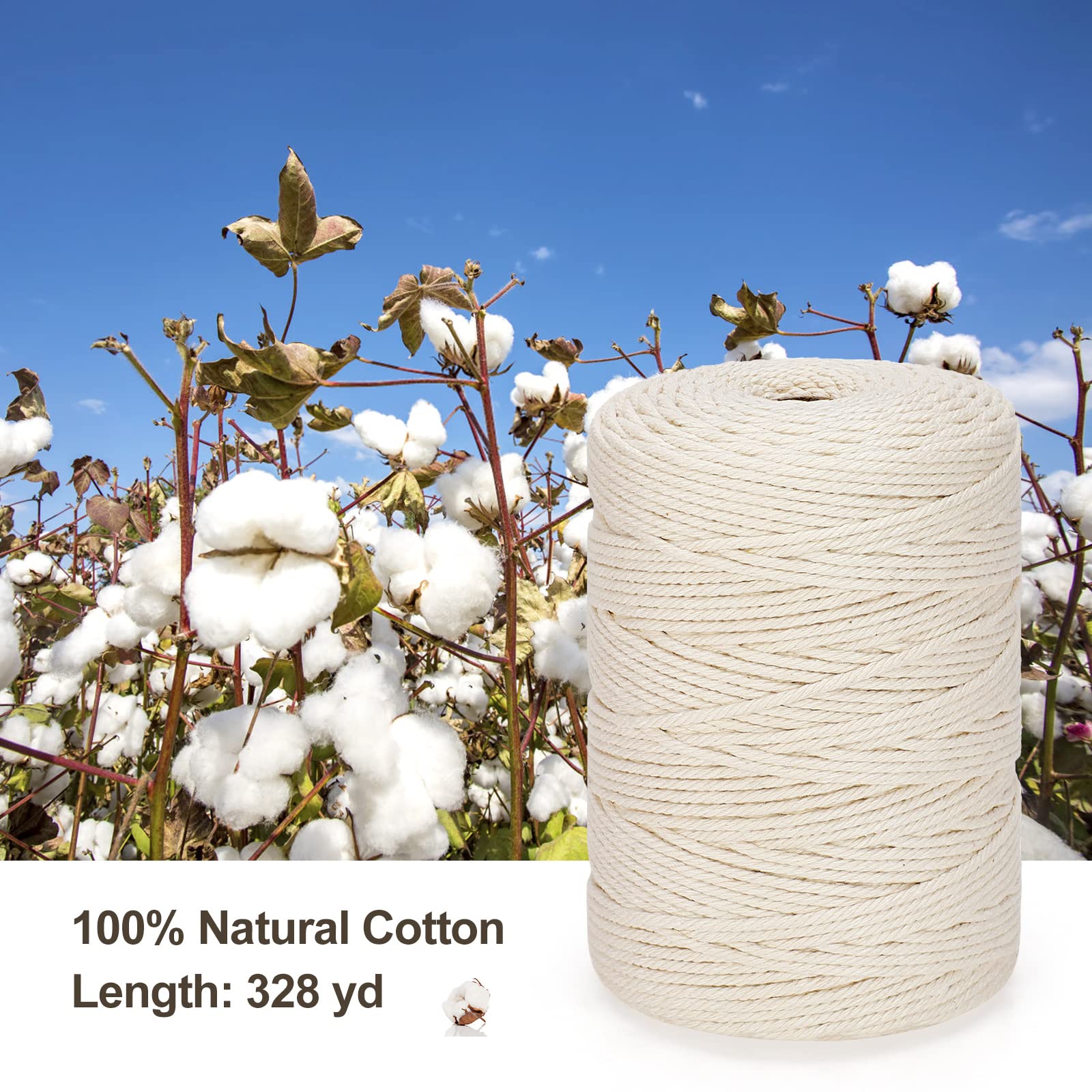 3mm x 328yd Macrame Cord - 100% Natural Cotton Rope for DIY Crafts, Knitting & Plant Hangers | 4 Strand Twisted Cotton String | Perfect for Wedding Decor, Wall Hangings & Boho Home Decor (Green)