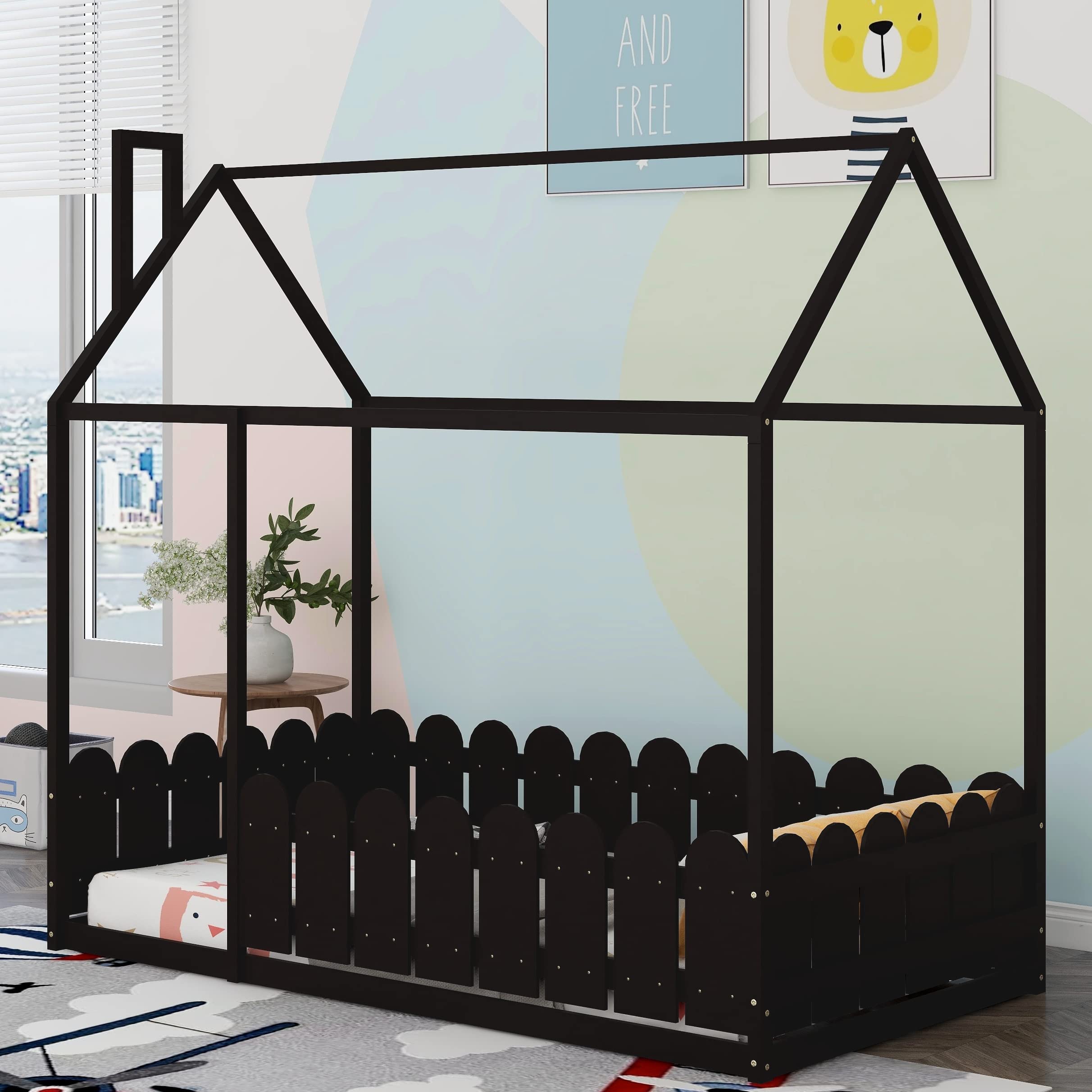 Wooden Twin Size House Bed Frame with Roof - Playhouse Bed for Kids, Girls & Boys - Espresso Finish (Box Spring Needed) - Perfect for Bedrooms, Playrooms & Imaginative Play