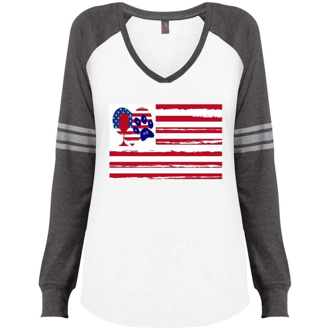 American Flag Wine Paw Heart V-Neck Long Sleeve T-Shirt for Women - Casual & Game Day Outfit - Perfect for Parties, Sports Events, and Patriotic Celebrations