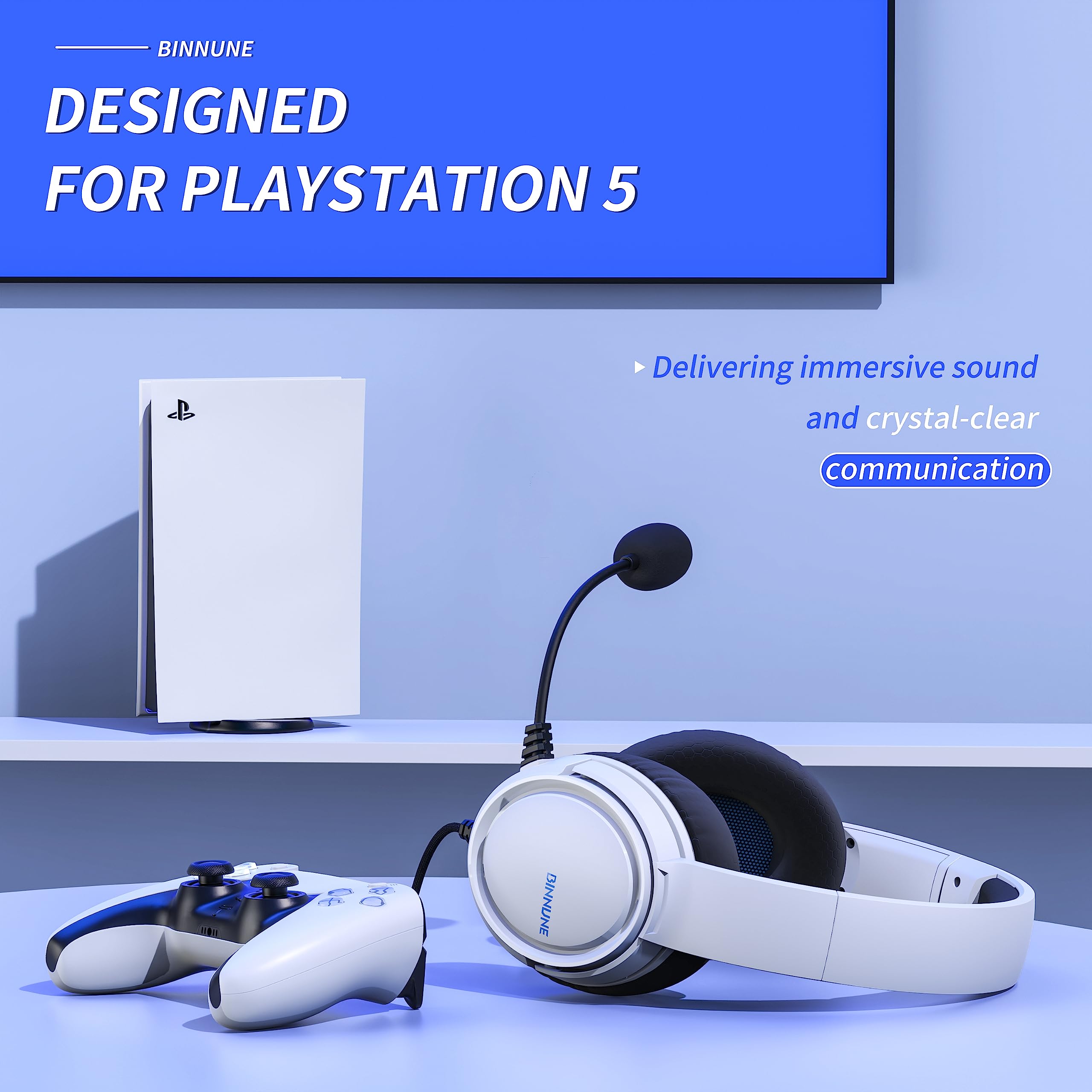 BINNUNE PS5 Gaming Headset with Noise Cancelling Mic - Compatible with PS4/PS5/PC/Xbox/Nintendo Switch - Wired Over-Ear Headphones for Immersive Gaming Experience (White) - Perfect for FPS, RPG and Online Multiplayer Games
