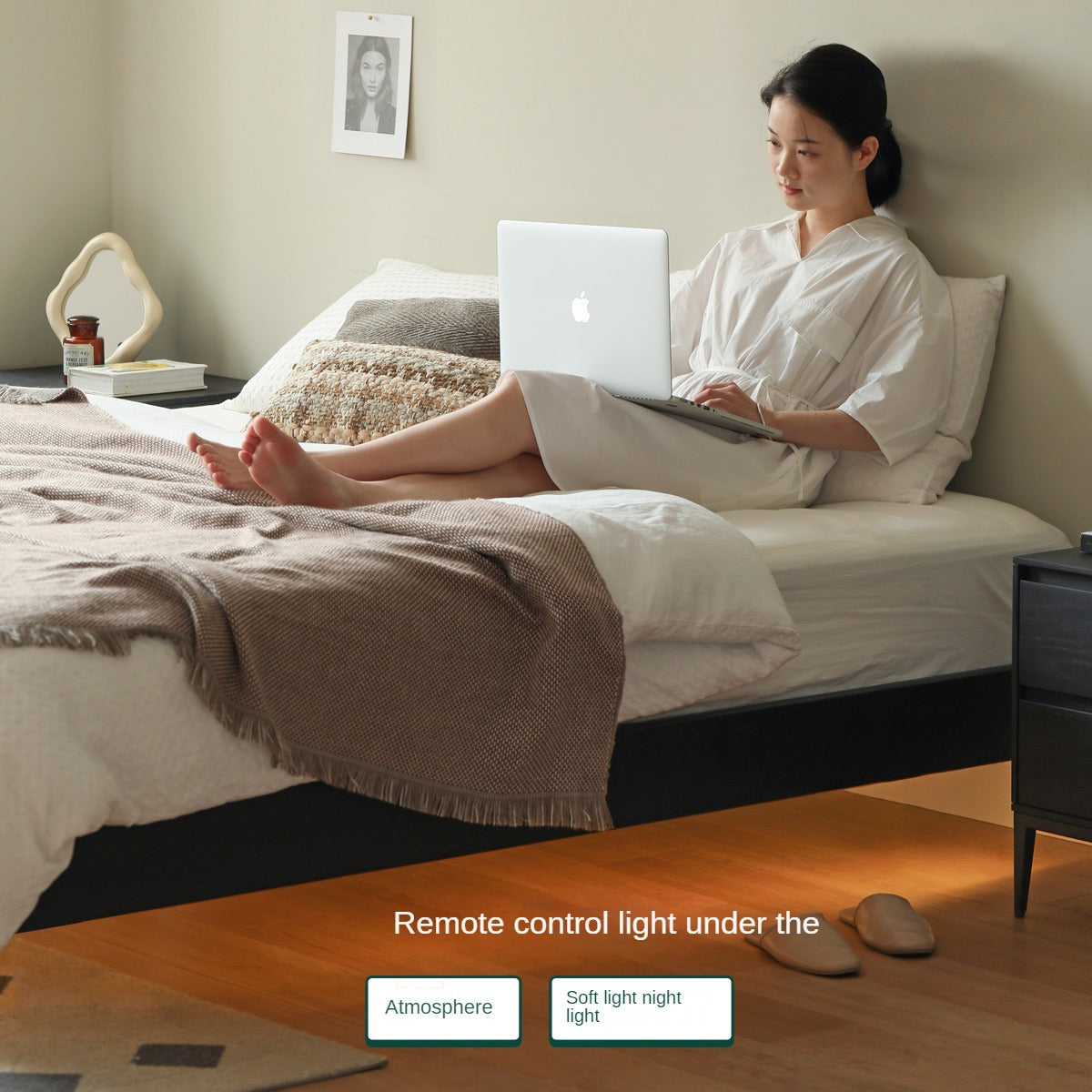 Solid Oak Wood Floating Platform Bed - No Headboard, Black Finish with LED Lights - Perfect for Modern Bedroom & Minimalist Home Decor