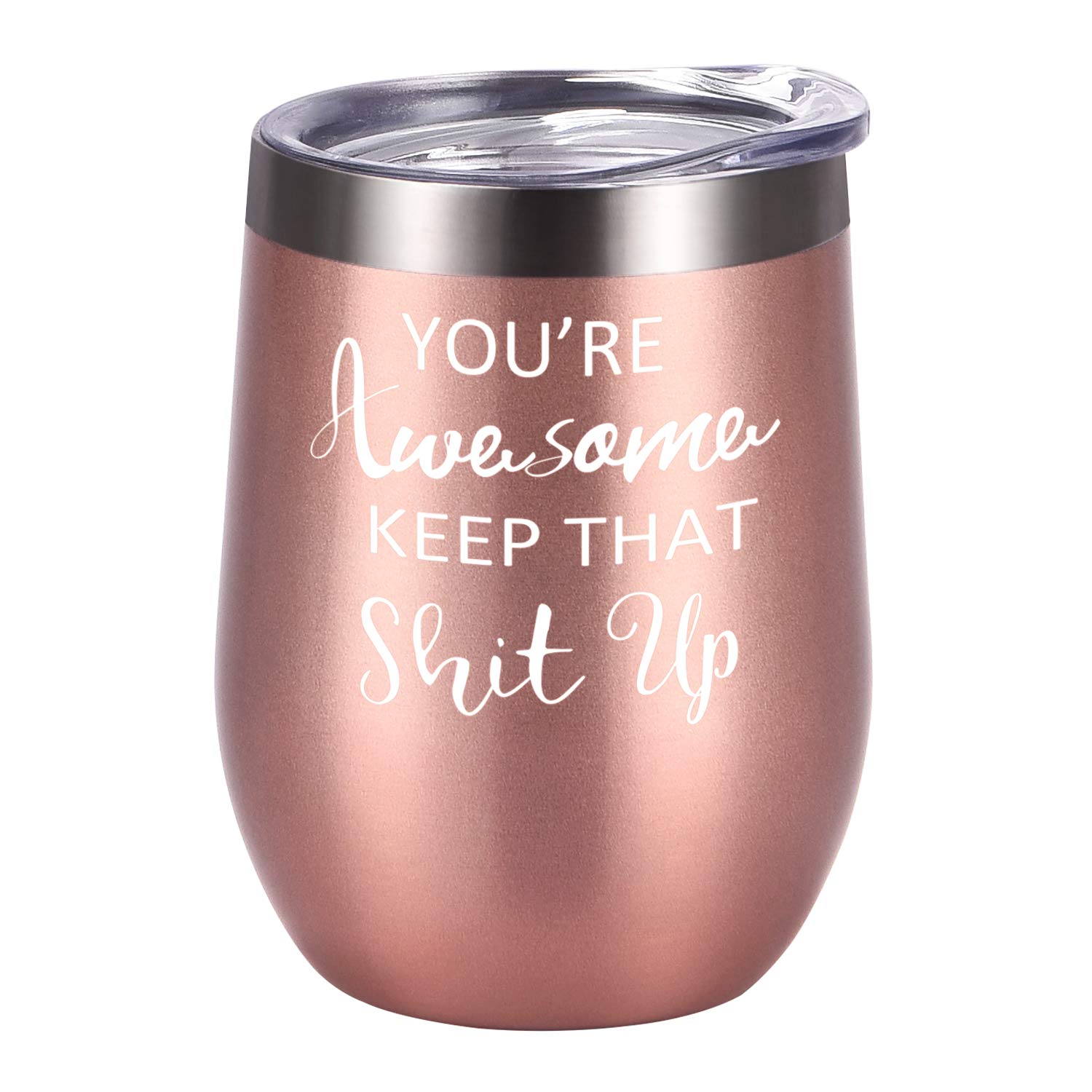 Insulated Stainless Steel Wine Tumbler with Lid - 12oz Rose Gold Thank You Gift for Women, Wife, Mom & Friends | Funny Birthday & Christmas Present Idea | Perfect for Coffee, Wine & Outdoor Activities
