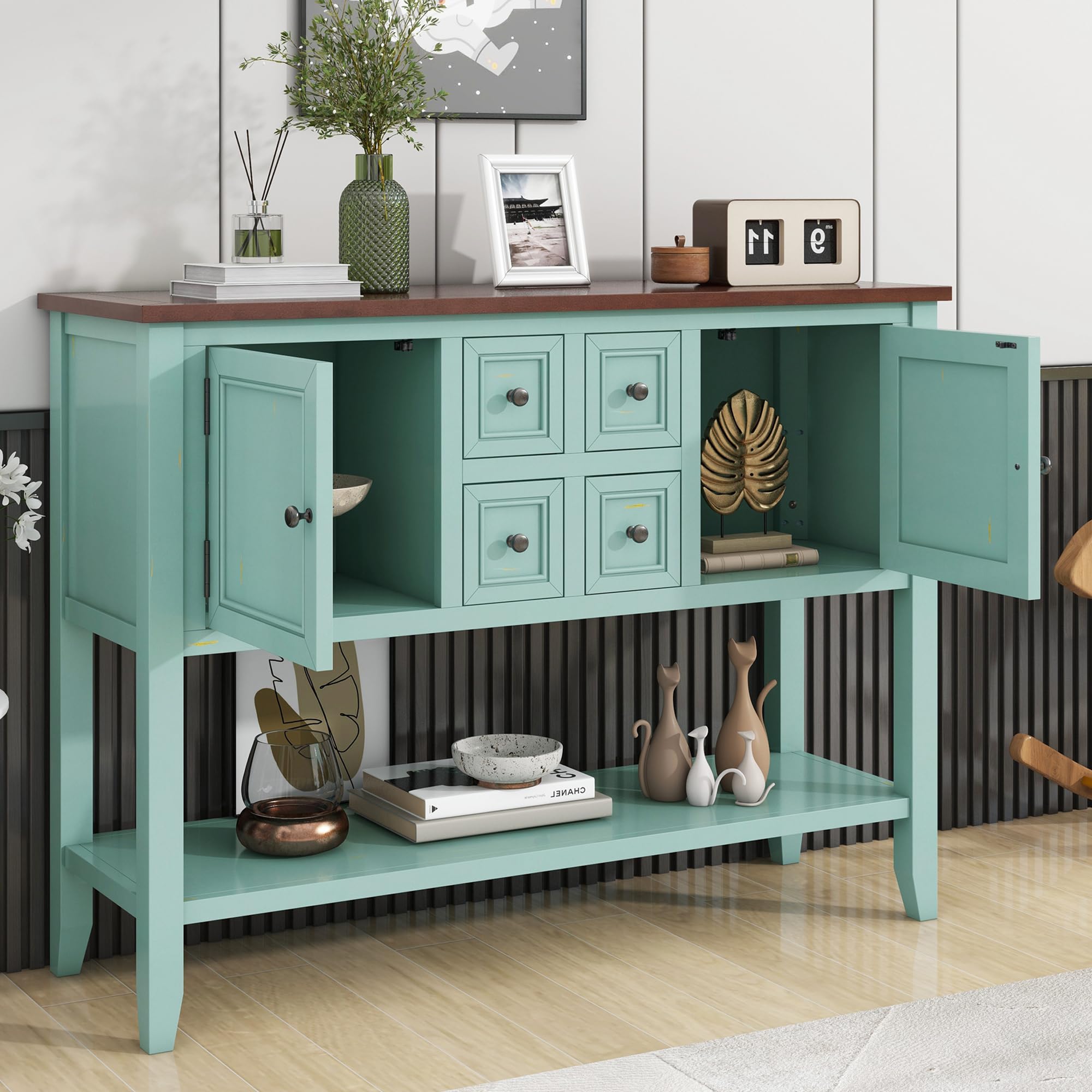 Retro Blue Wood Buffet Sideboard with Storage Cabinet & Drawers - Vintage Style Console Table with Bottom Shelf for Living Room, Kitchen & Entryway - Perfect for Dining Room Storage, Hallway Decor & Home Organization