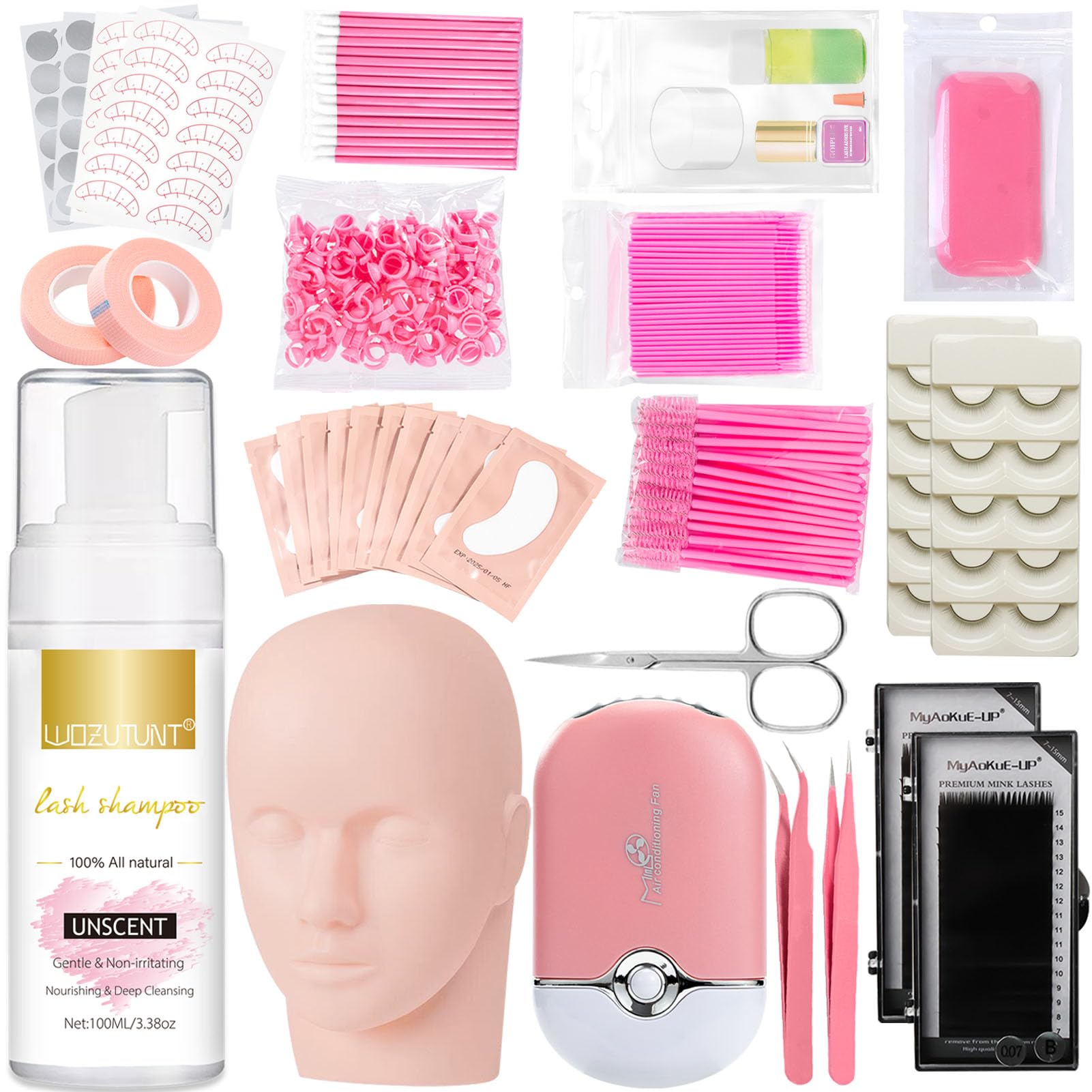 Professional Eyelash Extension Kit for Beginners - Complete Training Set with Mannequin Head & Lash Shampoo - Perfect for Salon Practice, Makeup Artists & DIY Lash Training at Home