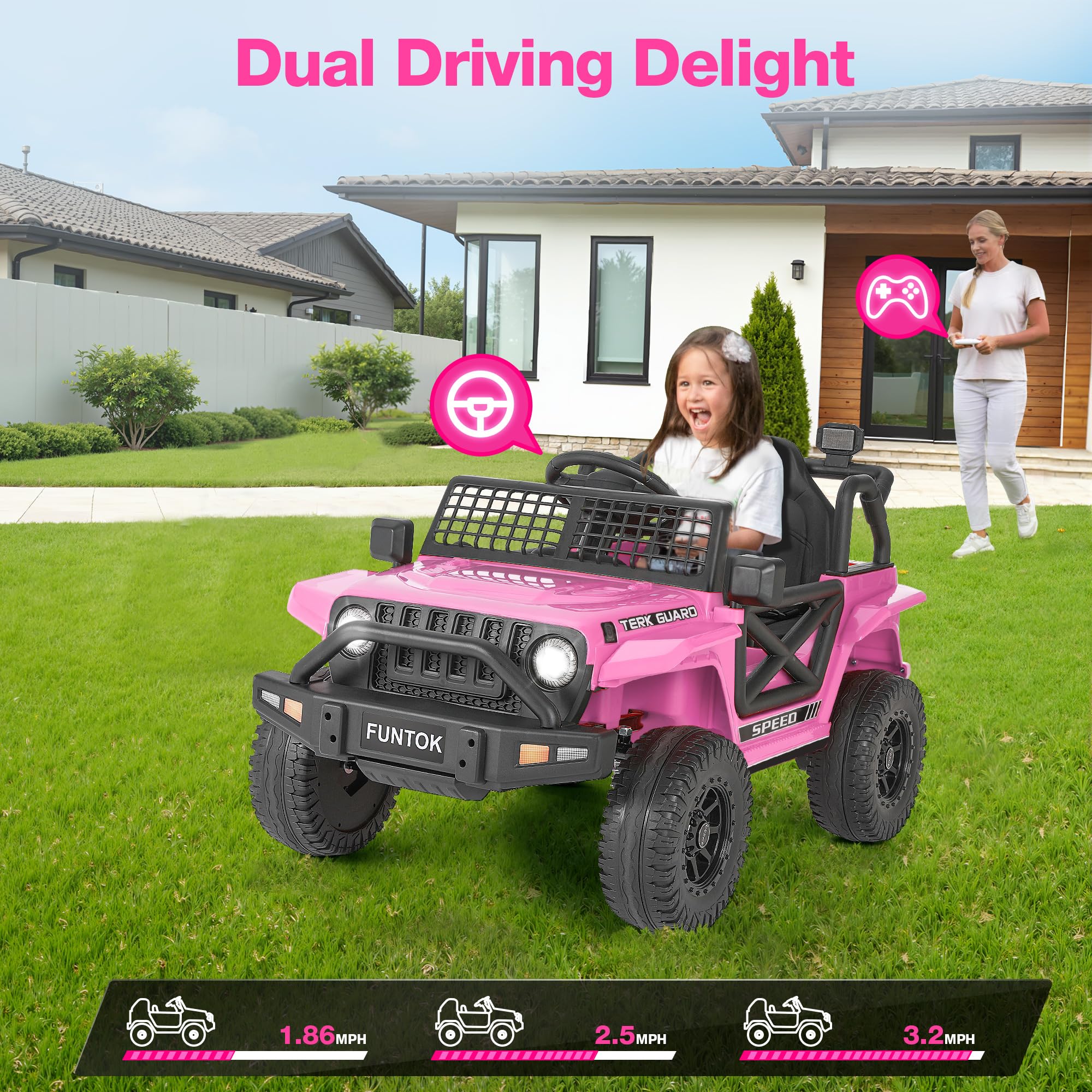 12V 7AH Kids Ride On Truck with Remote Control - Electric Toy Car for Toddlers with LED Lights, 3 Speed Settings, Spring Suspension & Bluetooth Speaker - Battery Powered Ride On Car for Boys & Girls - Perfect for Indoor Play, Backyard Fun and Birthday Gifts
