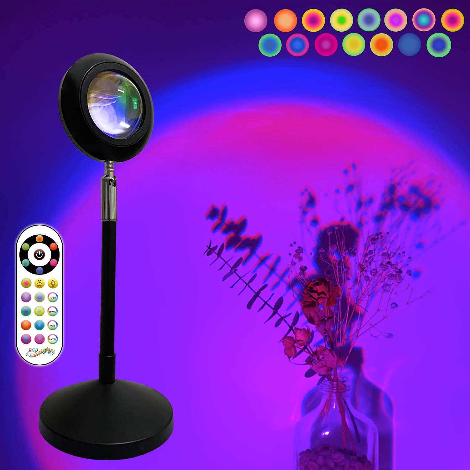 Sunset Projection Lamp with Remote Control - 16 Color Changing LED Mood Light for Bedroom, Living Room, Party | UFO Sunset Lamp, Rainbow Night Light, Colorful Sunlight Effect | Perfect for Relaxation, Meditation, Romantic Ambiance