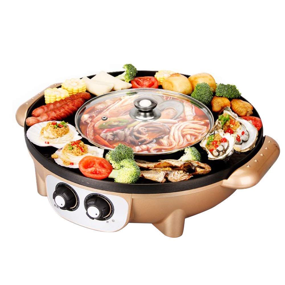 Electric Korean BBQ Grill & Hot Pot - Smokeless Non-Stick Tabletop Grill, Fondue Cooker & Baking Pan for Indoor Cooking | Perfect for Family Gatherings, Parties & Asian Cuisine | Gold Round Pot Design