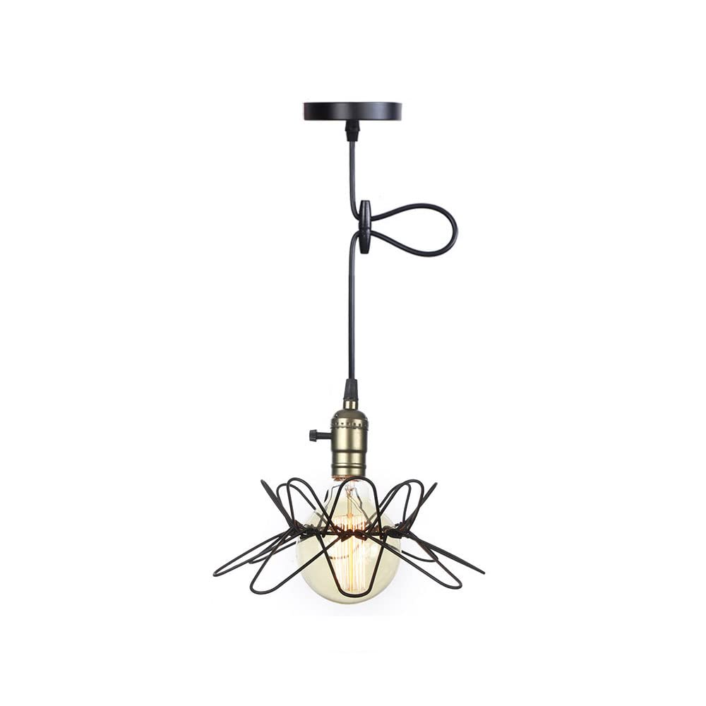 Industrial Pendant Lighting Fixture - Adjustable Cage Hanging Light with Geometric Metal Shade, Black Finish, E27 Base - Perfect for Kitchen Island, Living Room, Bar, Farmhouse & Hallway Lighting