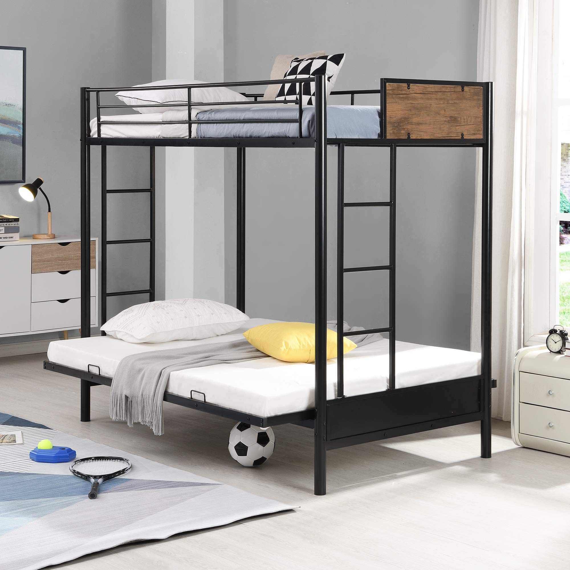 HUAYICUN Rustic Twin Over Full Metal Bunk Bed with Convertible Twin Over Futon Design - Full Length Guardrails & Dual Built-in Ladders for Teens & Adults (Black) - Perfect for Small Spaces, Dorm Rooms & Guest Bedrooms