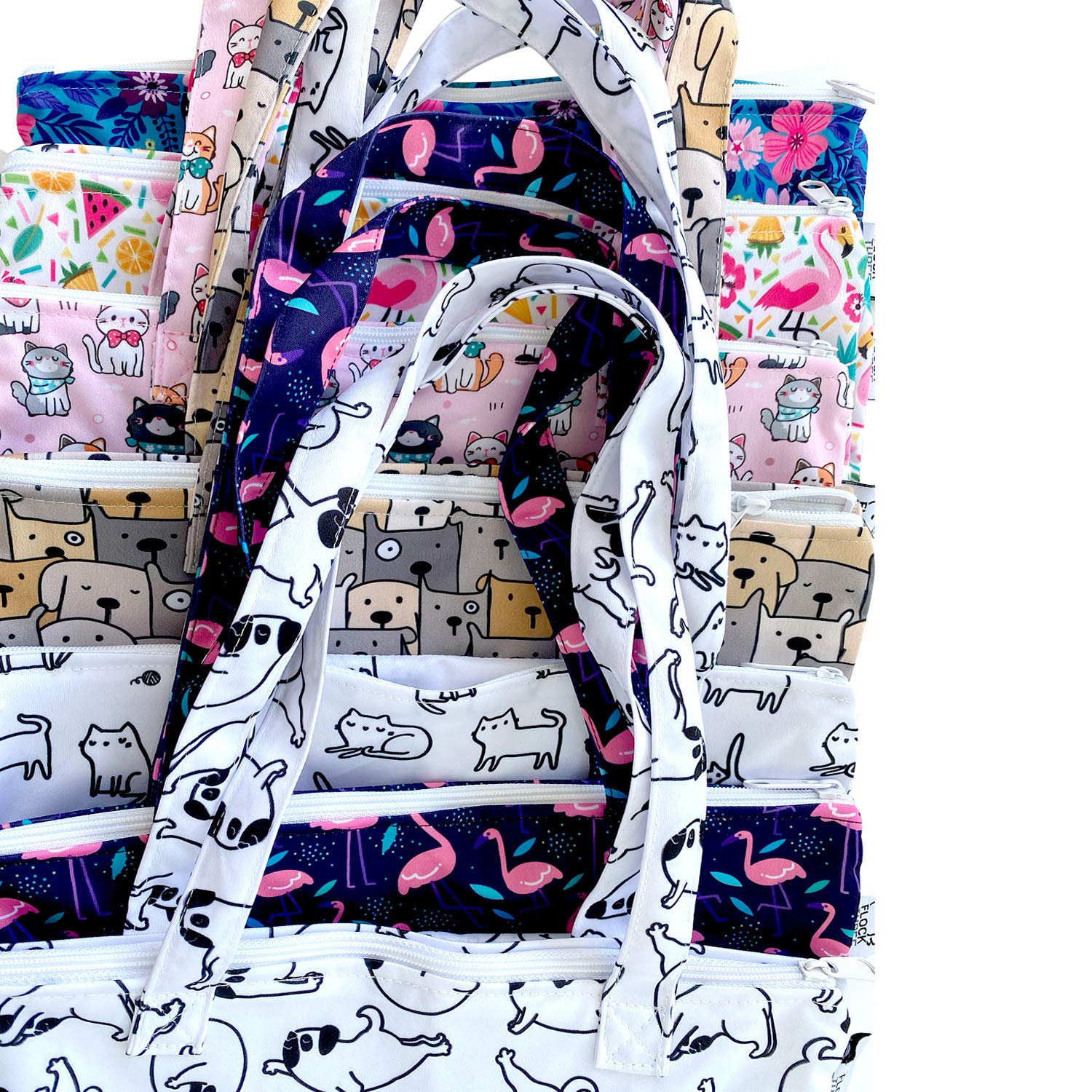 FLOCK THREE 2-Pack Waterproof Wet Dry Bags - Reusable Tote for Baby Diapers, Swimsuits & Travel - Ideal for Strollers, Beach Trips & Gym Use - Cute Dog Pattern Design (Small & Large Sizes)