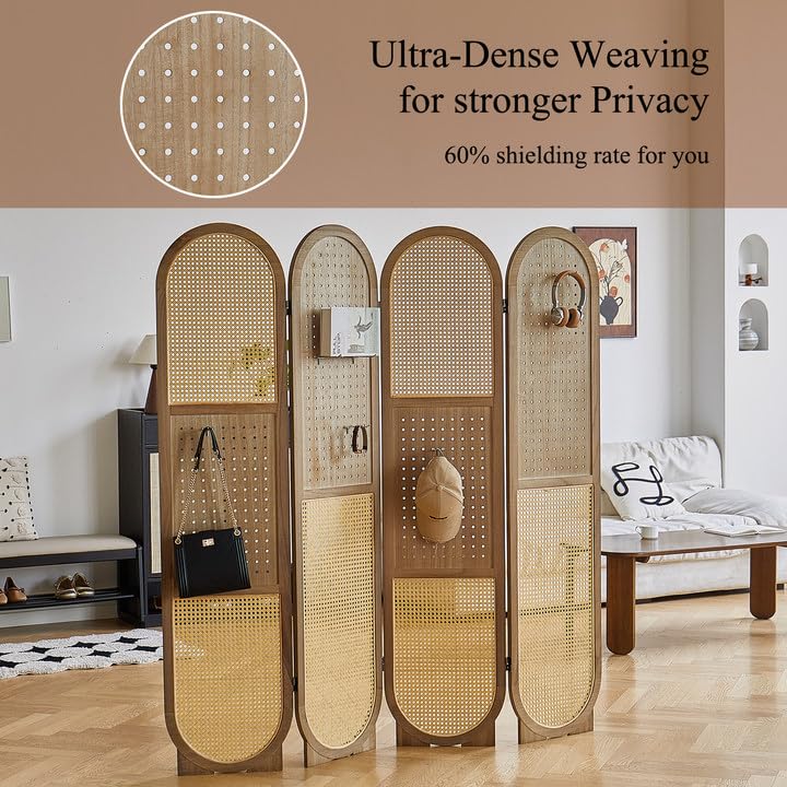 Rattan Room Divider Panel - 4-Panel Folding Privacy Screen with 16 Hooks | Pegboard Display for Jewelry Store, Bazaar & Bedroom | Wooden Partition Wall for Home, Office & Retail Spaces (Brown)