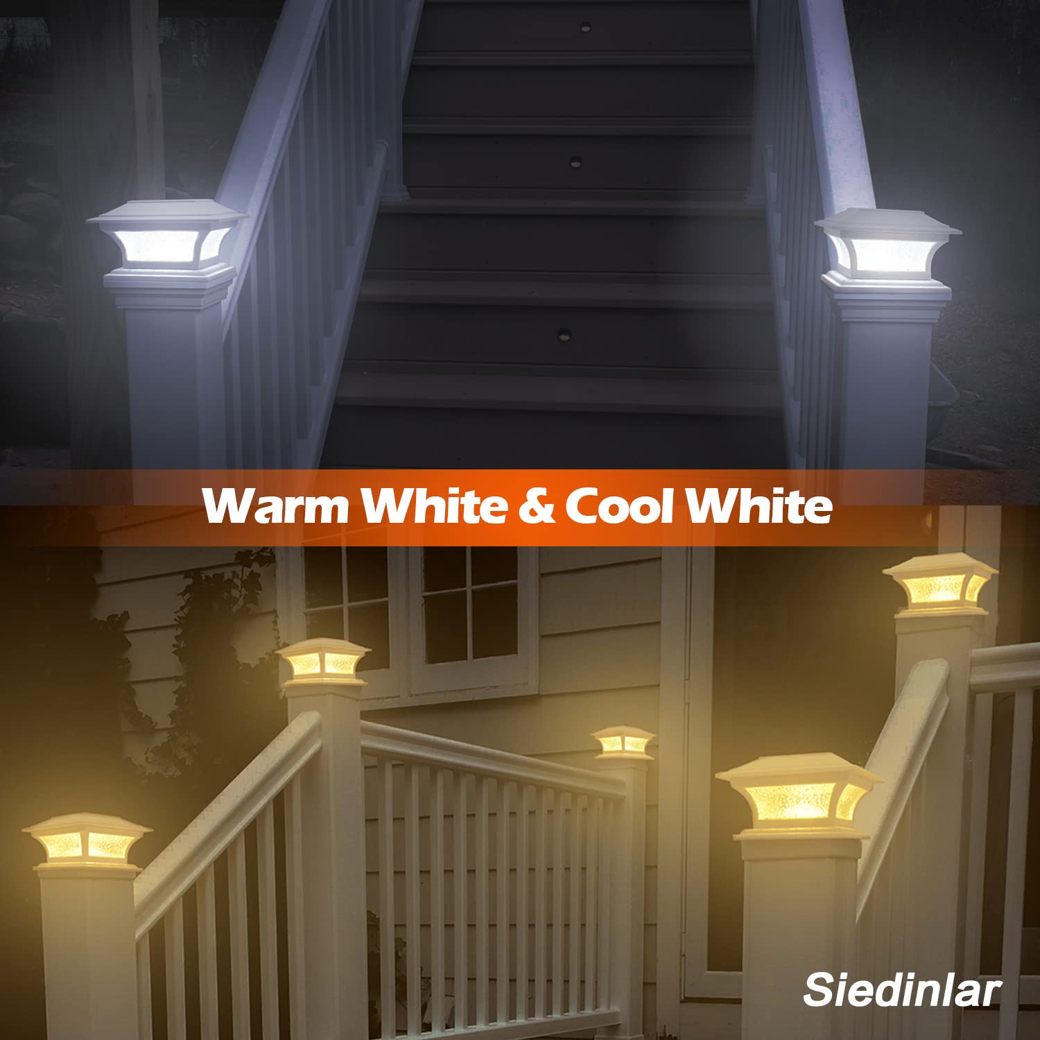 SIEDiNLAR Solar LED Post Cap Lights for 4x4 5x5 6x6 Wooden Fence Posts - Waterproof Outdoor Deck Patio Garden Lighting with 2 Modes (Warm White/Cool White) - 4 Pack - Perfect for Pathway, Driveway and Backyard Landscape Lighting