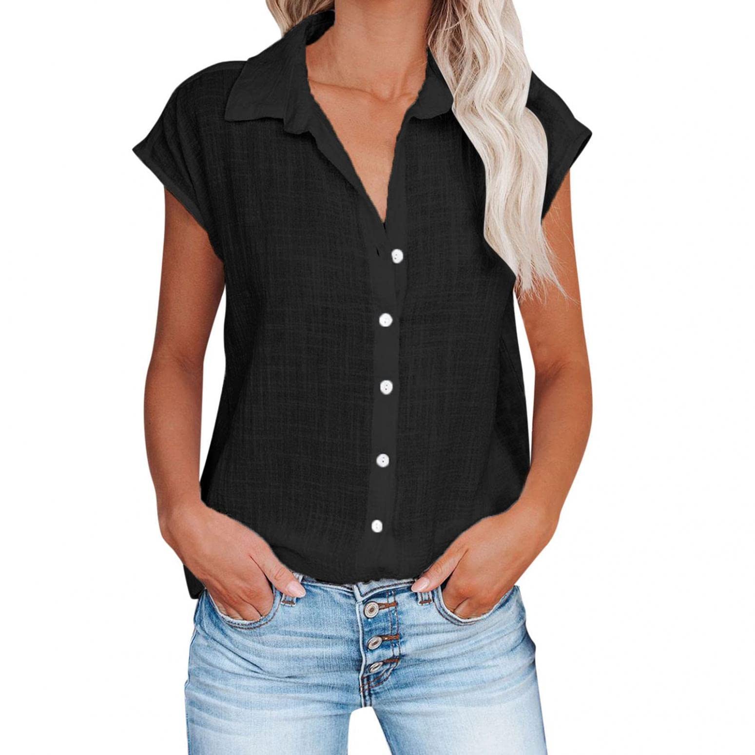 Women's Short Sleeve Button Down Shirt - Casual Cotton Linen Blouse for Summer, Loose Fit Solid Color Tee Top | Perfect for Office, Travel & Everyday Wear