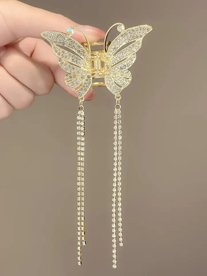 Falkiya Rhinestone Tassel Butterfly Hair Clips - Gold Metal Hair Claws with Pearls for Women & Girls | Small Size Hair Accessories for Parties, Weddings & Everyday Styling