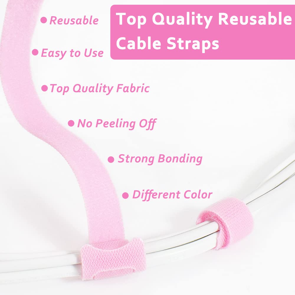 Reusable 70pcs Pink Cable Ties - 4/6/8 Inch Hook & Loop Wire Ties for Computer, Electronics Cord Management (Perfect for Home Office, Data Centers & DIY Organizing)