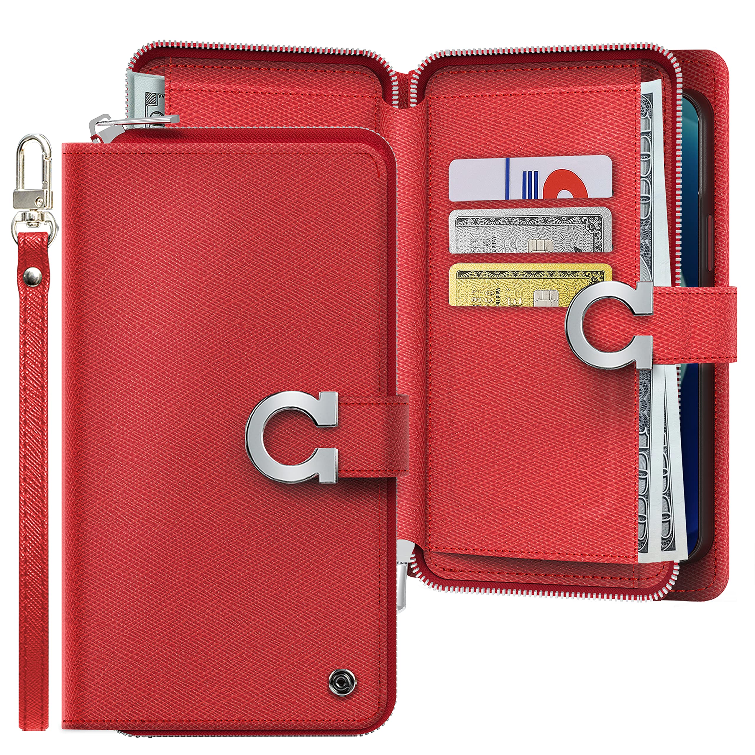 JUST4YOU iPhone 13 Wallet Case with Zipper & Strap - Premium PU Leather Flip Cover Folio with Card Holder (Red) - Perfect for Travel, Work & Everyday Protection